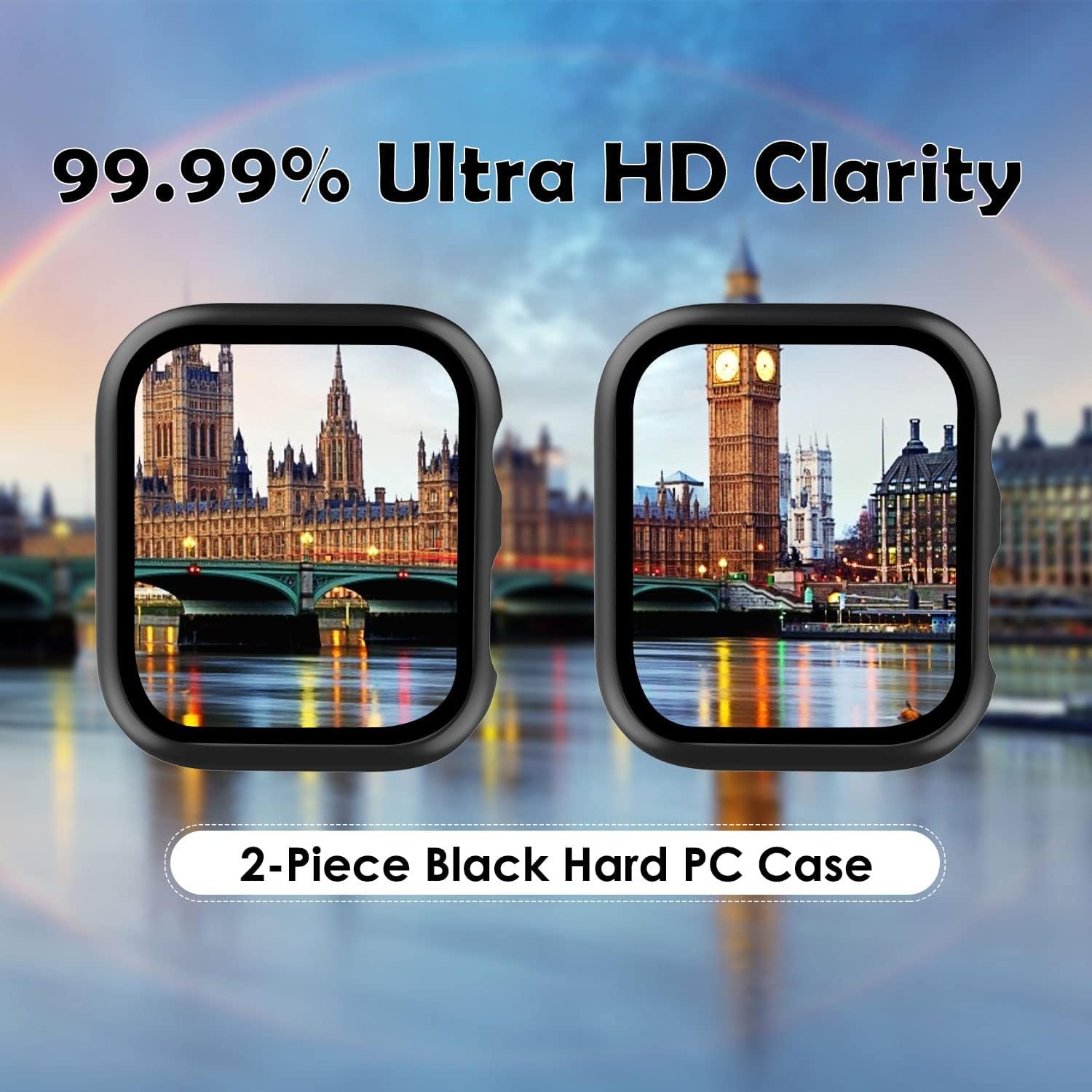 QHOHQ 2 Pack Hard PC Case Compatible with Apple Watch Series 8 45mm & Series 7 45mm with Tempered Glass Screen Protector, Full Coverage, Touch Sensitive, Ultra-Thin HD Bumper Protective Cover - Black