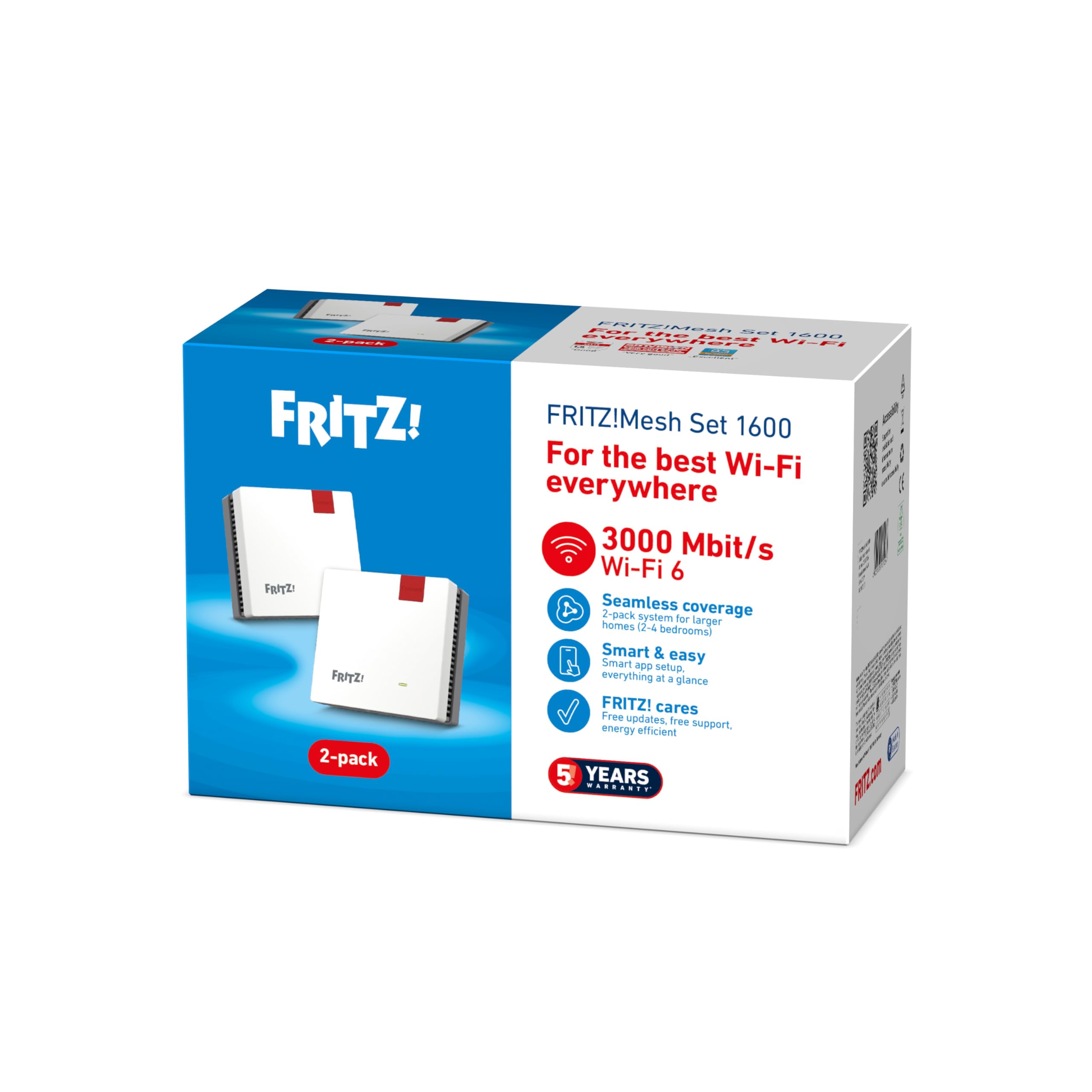 FRITZ!Mesh Set 1600 Lot de 2 | Wi-FI 6 Stable jusqu'à 3000 Mbit/s | Couverture Wi-FI pour 3 à 5 pièces | idéal pour routeurs Internet ou Modem Fibre (Ont) | Configuration Simple | Made in Europe | Wi-Fi bi-bande (2,4/5 GHz), idéal pour streaming, appels v