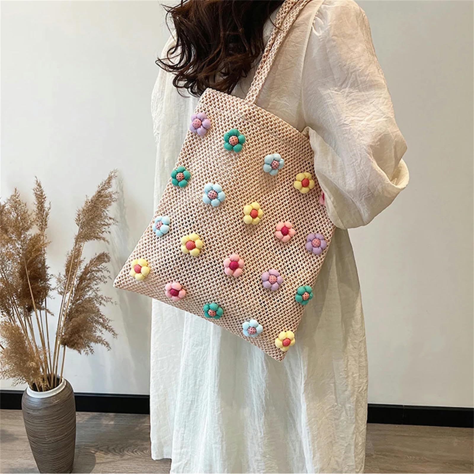 Strohtasche Süße Blumenhandtasche Für Frauen Tasche Tasche Sommer Beach Shopping Top Griff Tasche Geldtasche Handtasche-beige