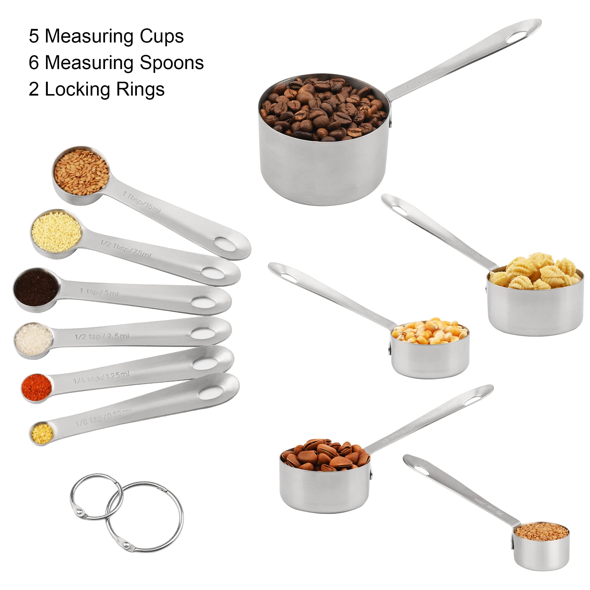 Juego de 11 tazas y cucharas medidoras de acero inoxidable 18/8 para líquidos secos y líquidos, 5 tazas medidoras métricas y de EE. UU. y 6 cucharas medidoras para cocina y horneado