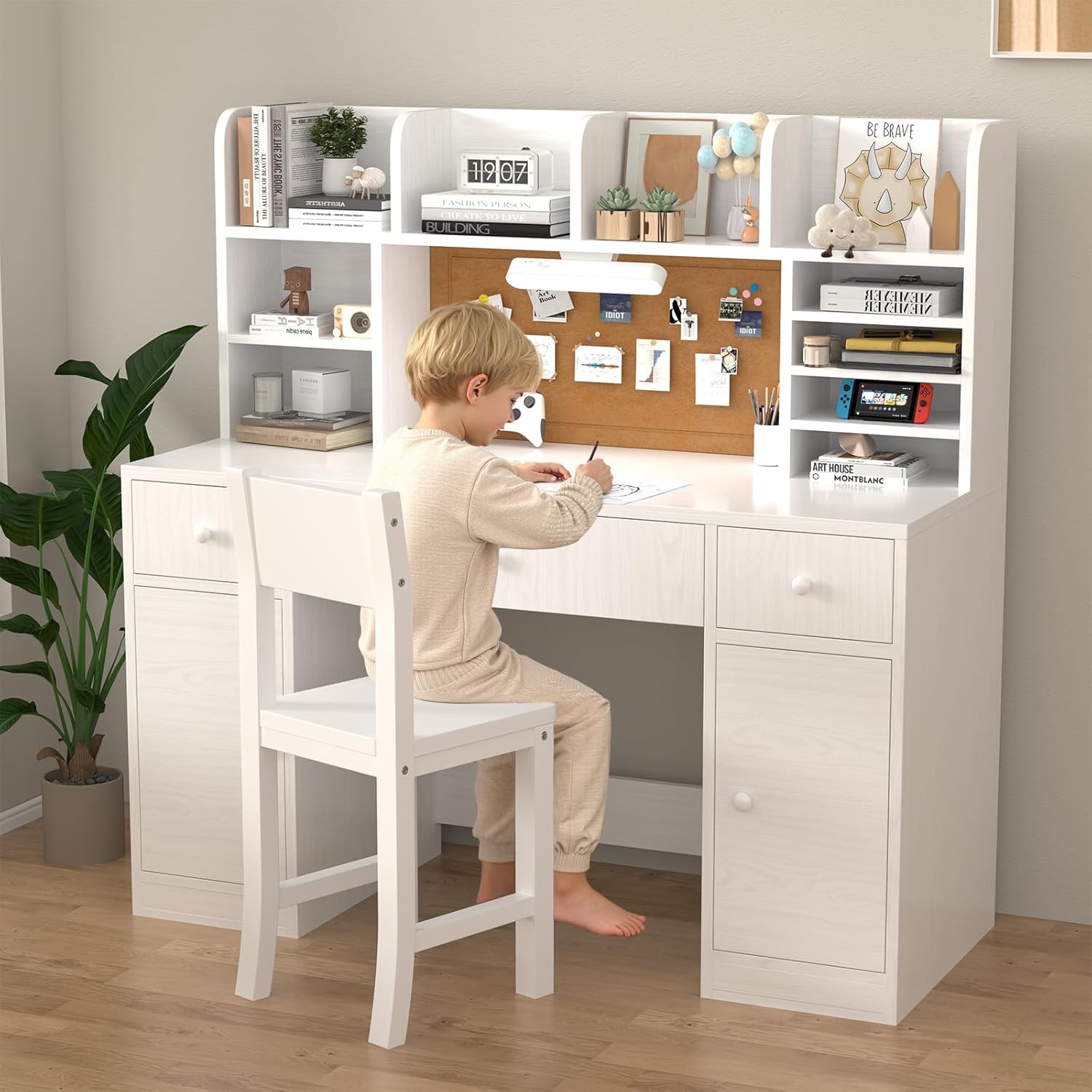 48x20Inch Wooden Pure White Kids Study Desk and Chair Set with Light, 3 Drawers and 4 Storage Cabinets, Children Desk with 4 Open Hutch and Shelves, Girls Study Desk for Kids Bedroom