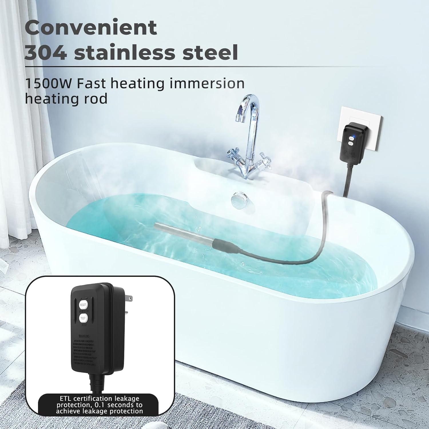 1500W Titanium Submersible Water Heater With Thermostat & GFCI Plug - For Pools, Stock Tanks, Bathtubs, Buckets