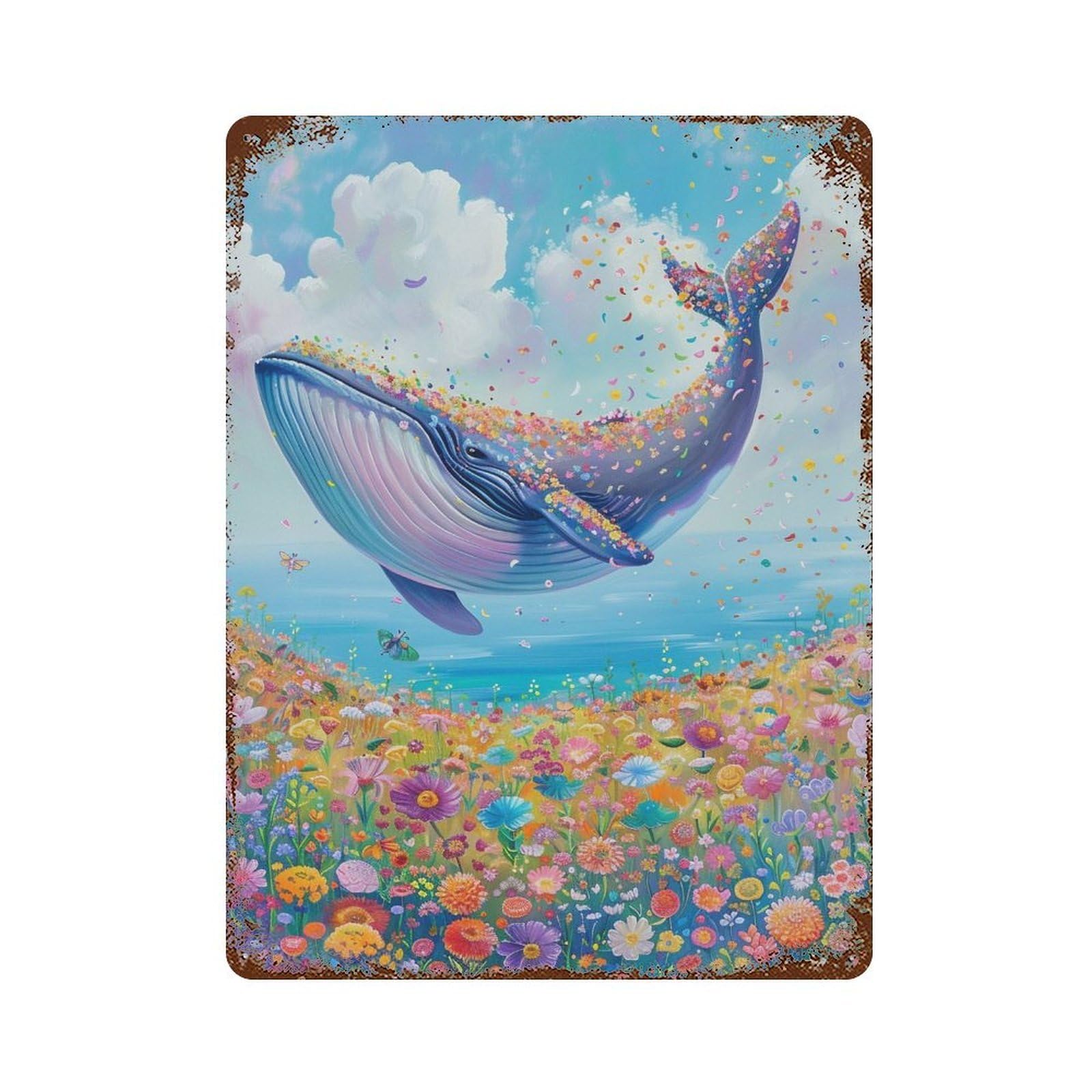 Rust Effect Tin Sign Whale in Flower Field-4 15.7"x11.8", Vintage Wall Decor for Living Room, Hallway And Home Decor