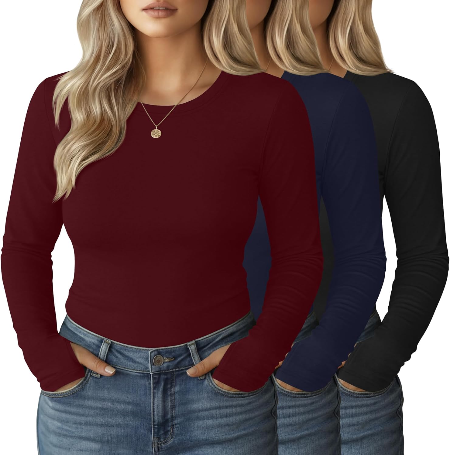 3 Pack Women's Plus Size Long Sleeve Shirts Crew Neck Slim Fitted Tops Casual Basic T-shirts with Thumb Holes