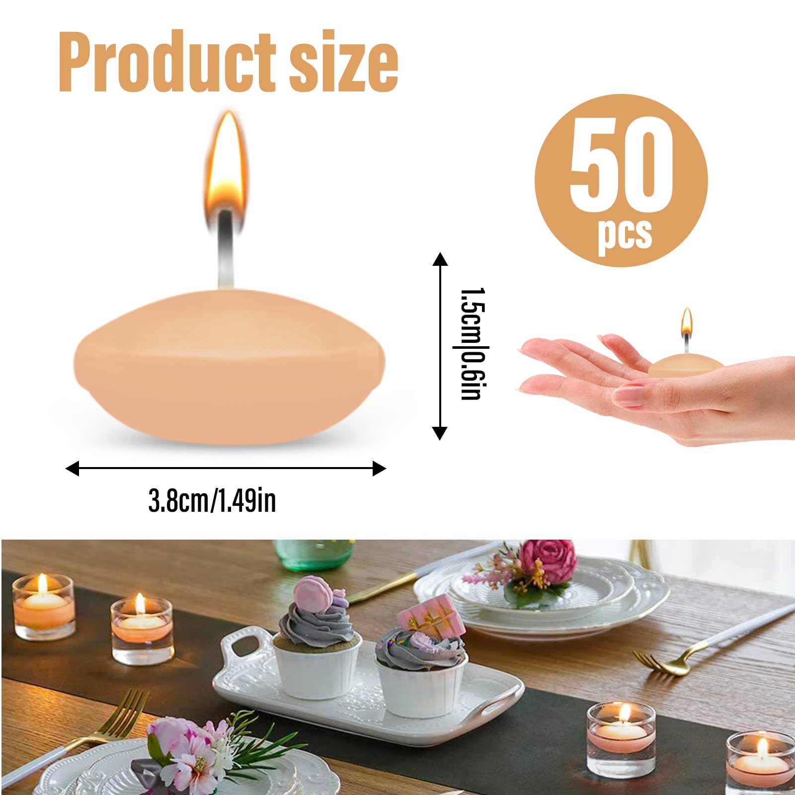 Set di 50 candele galleggianti non profumate, candele decorative galleggianti, per piscina, vasca da bagno, cena, decorazione natalizia, arancione chiaro