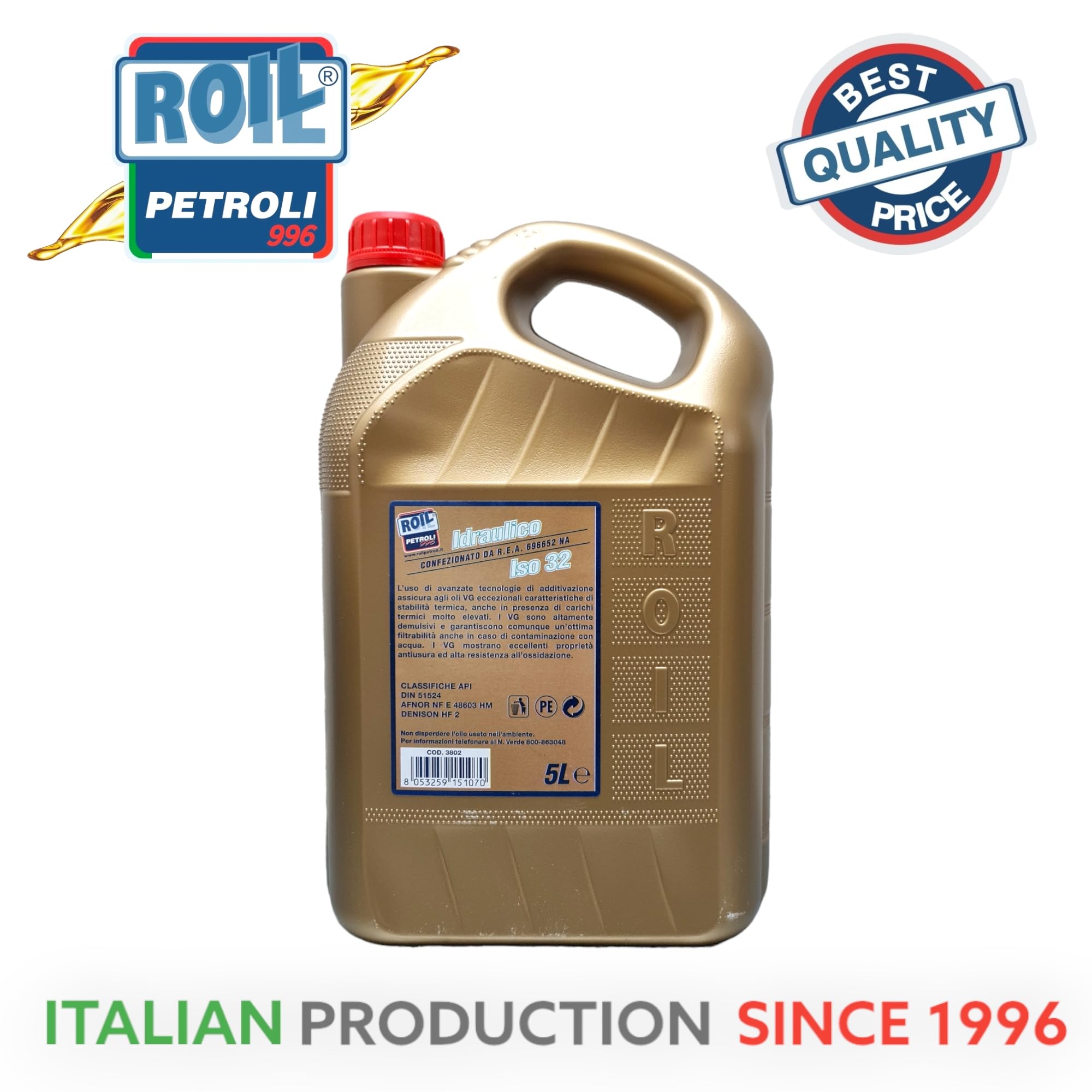 5 Litri di Roil Olio idraulico VG ISO 32 "NUOVA FORMULA CON POLIMERO ELASTOMERO" con più elasticità e durata delle parti in gomma, antischiuma e antiusura per sistemi oleodinamici e idrostatici