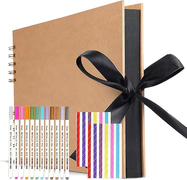 FUNVCE Scrapbook, 80 Black Pages Scrap Book 12 x 9 inch A4 Kraft Paper Photo Book, Ribbon Closure Memories Photo Album with 12pcs Markers Pens and 2pcs Photo Corners, Guestbook Brown Cover