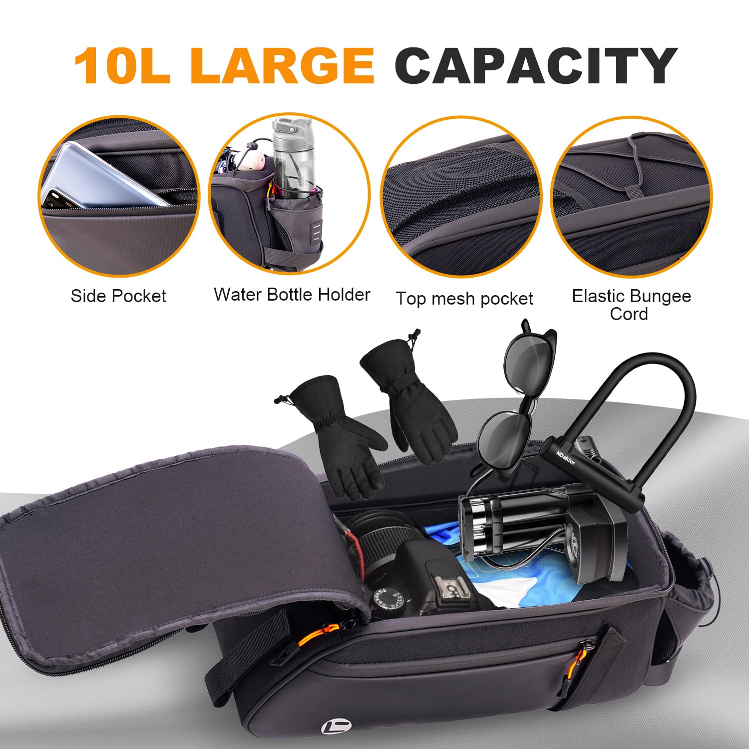 NDakter Bike Bags for Bicycle Rear Rack - 10L Waterproof 3 IN 1 Ebikes Trunk Bag with Water Bottle Holder, Reflective Electric Bike Saddle Panniers with Shoulder Strap for Commuter Travel Outdoor