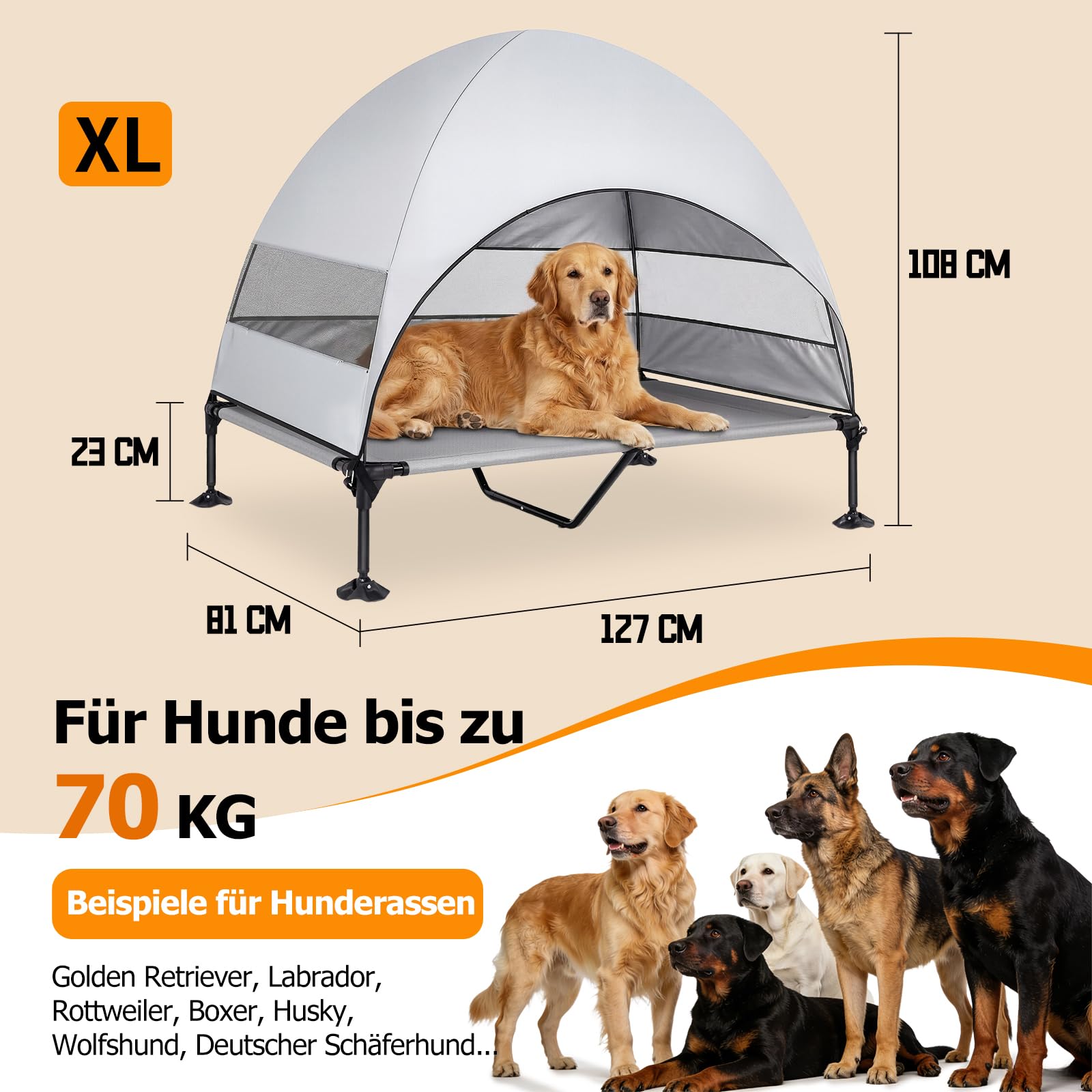Erhöhtes Hundebett Outdoor mit UV-beständiges Dach，Hundeliege Klappbar mit Anti-Rutsch-Füßen, Hundezelt Outdoor mit Großem Schatten, Kühlendes ErhöHtes Hunde Bett für Camping, Garten & Pool (Grau, XL)