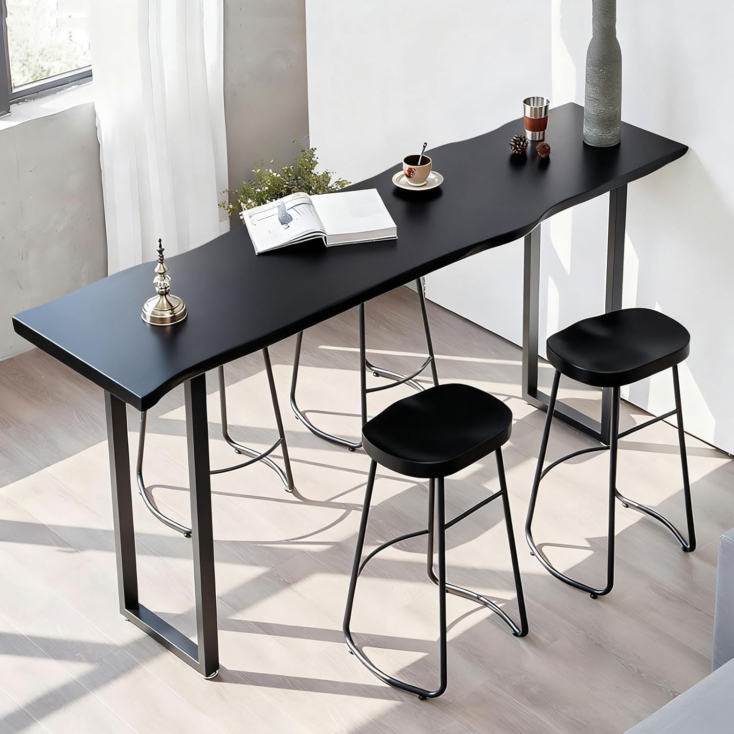 Solid Wood Bar Table, Metal Frame High Top Table, Rustic Industrial Pub Table, Narrow Long Height Tables for Kitchen Living Room Coffee Shop Small Space (no Stool Included)