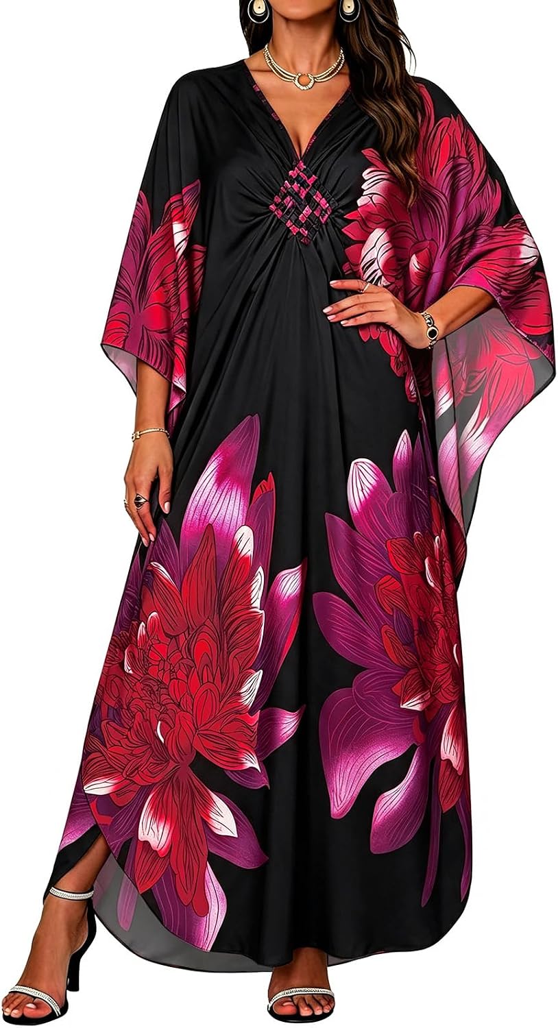 Kaftan Dresses for Women V Neck Caftans Batwing Sleeve Beach Cover Ups