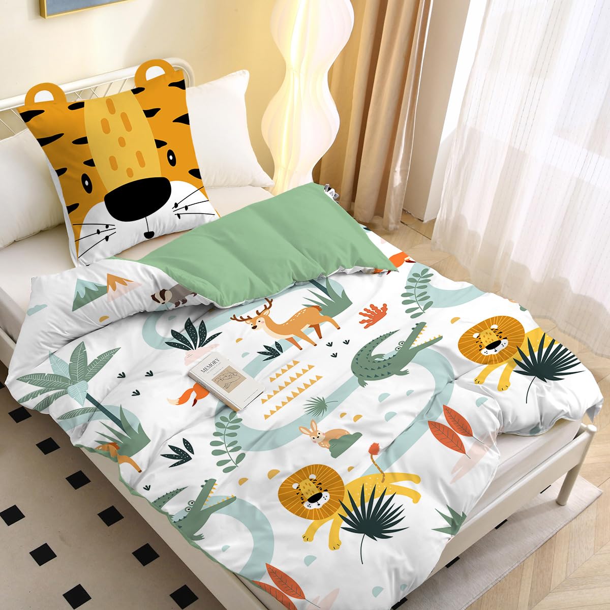 MUSOLEI Biancheria da letto 135 x 200 cm, in microfibra 3D, per bambini, copripiumino con 1 federa 80 x 80 cm, regalo per cameretta dei bambini, letto singolo, leone con orecchie