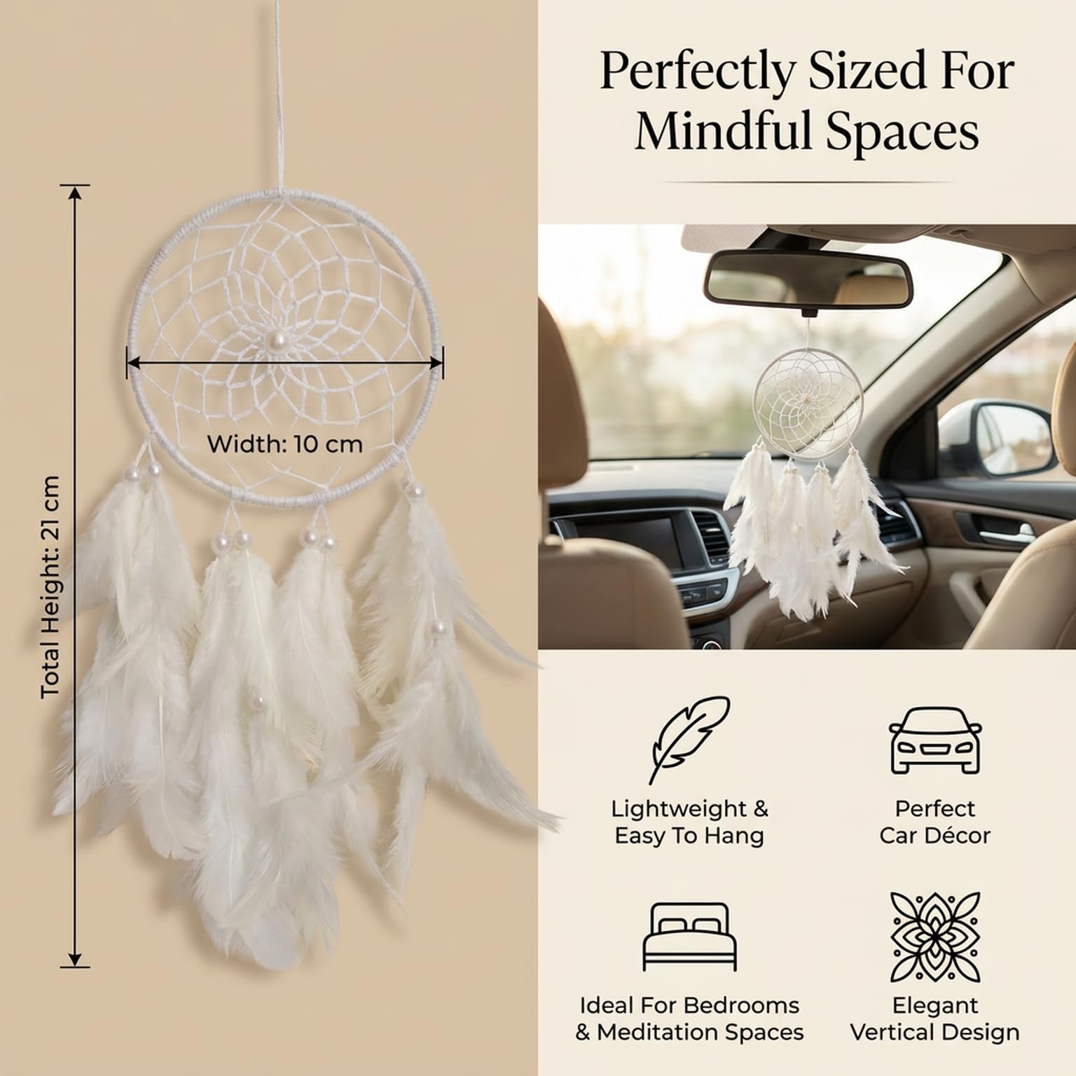 THE URBAN ARTISTIC Dreamcatchers for Car | Car Hanging Decorative Showpiece | Fine Quality Metal Ornaments | Size- 9X.5x23 Cm | White