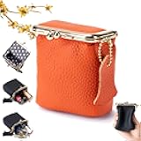 Genuine Leather Mini Jewelry Box, Portable Genuine Leather Mini Coin Jewelry Purse, Vintage Travel Jewelry Case Organizer with Kiss Lock, for Earring, Ring, Necklace Coin or Lipstick(Orange)