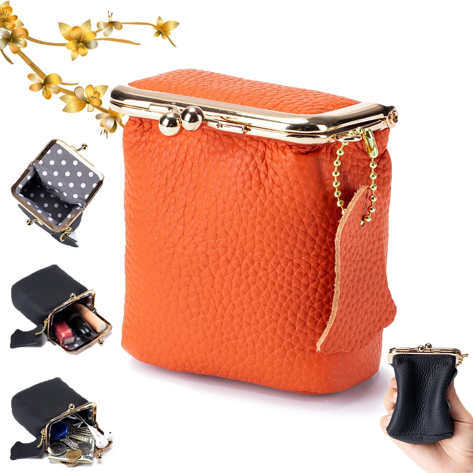 Genuine Leather Mini Jewelry Box, Portable Genuine Leather Mini Coin Jewelry Purse, Vintage Travel Jewelry Case Organizer with Kiss Lock, for Earring,