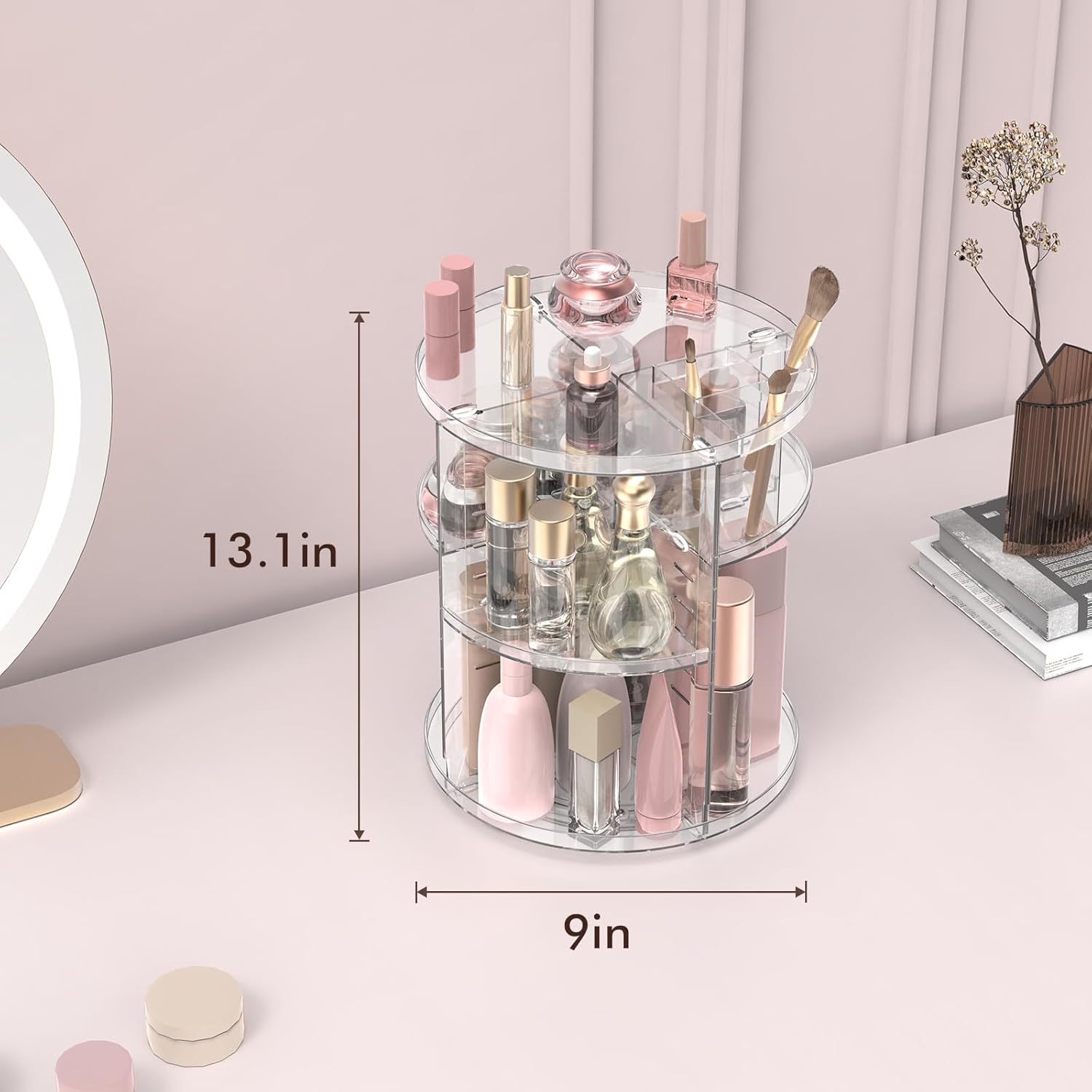 Rotating Makeup Organizer, Adjustable Vanity Organizer, Large Capacity Cosmetic Display Case for Spinning, Storage Carousel for Bathroom and Vanity Countertop, Clear