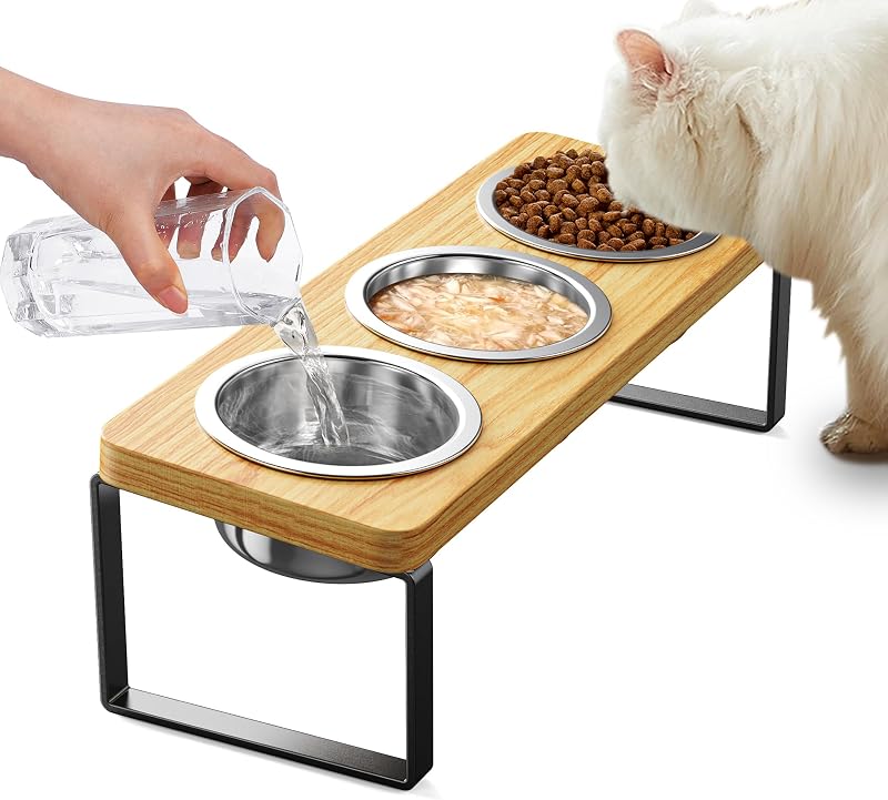 Pote elevado para gatos AKAOLA com suporte de madeira, inclinação de 10° e 3 tigelas de aço inoxidável
