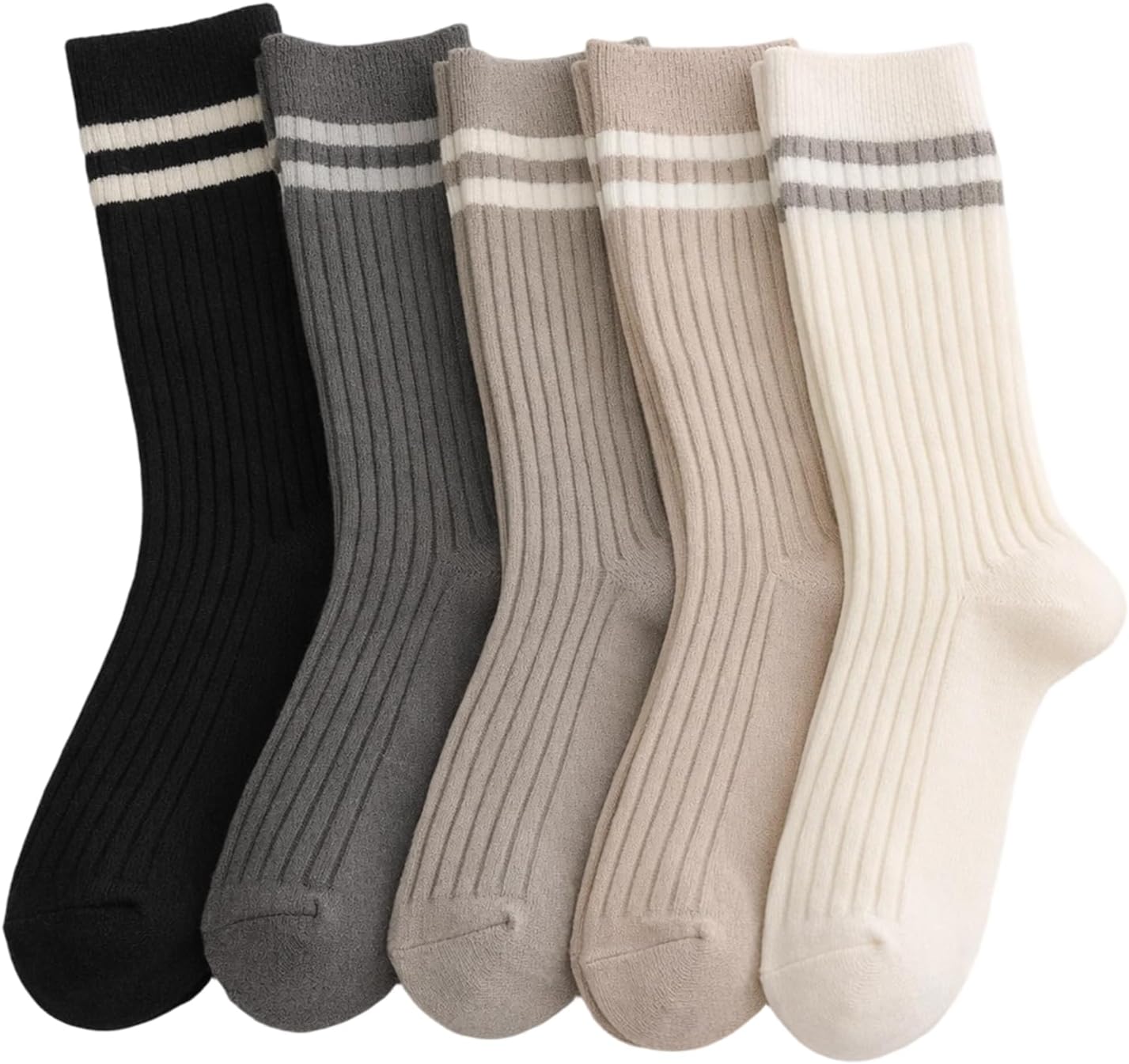 5 Pack Striped Crew Socks for Women Soft Cotton Calf Socks | Casual Socks for Daily Wear, 78% Cotton for All-Day Wear Comfort, Stretchy Ankle Band Holds Socks Steadily, Idea for Gifts