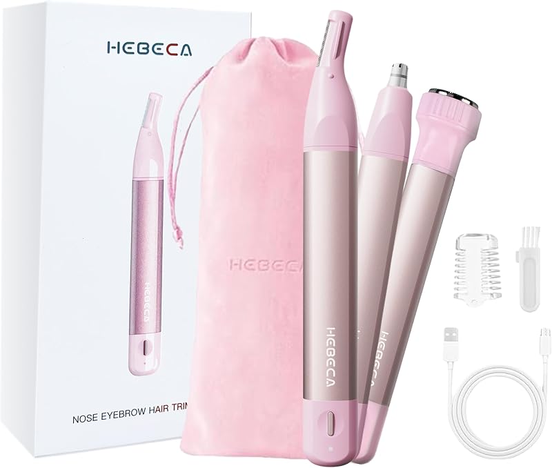 Aparador de pelos faciais HEBECA 3 em 1, recarregável via USB, corpo metálico, rosa