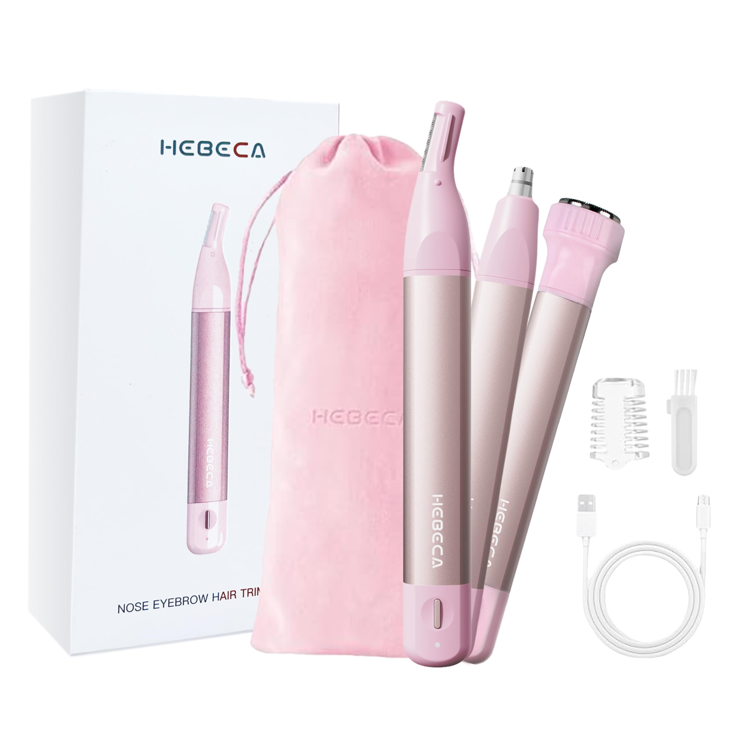 HEBECA Nose Hair Trimmer for Women 3in1 Facial Hair Removal Trimmer - Metal Body, Rechargeable, Waterproof, Portable - Nose, Ear, Eyebrow, Peach-Fuzz,