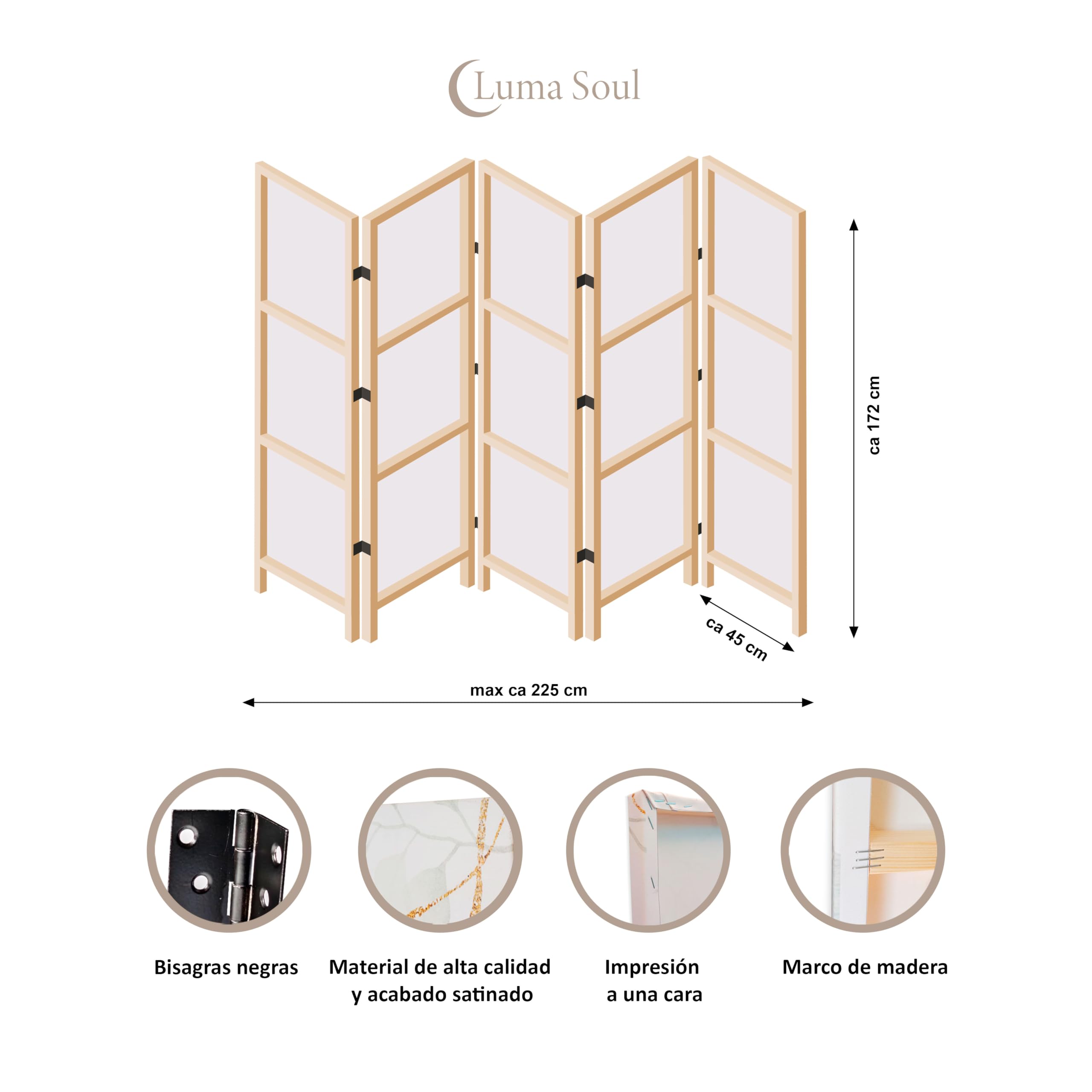 Biombo Separador de Ambientes Unilateral - en Estilo Japonés - Biombos Separadores de 5 Paneles - Biombos Decorativos para Divisor Ambientes - sin Motivo - 225x172cm