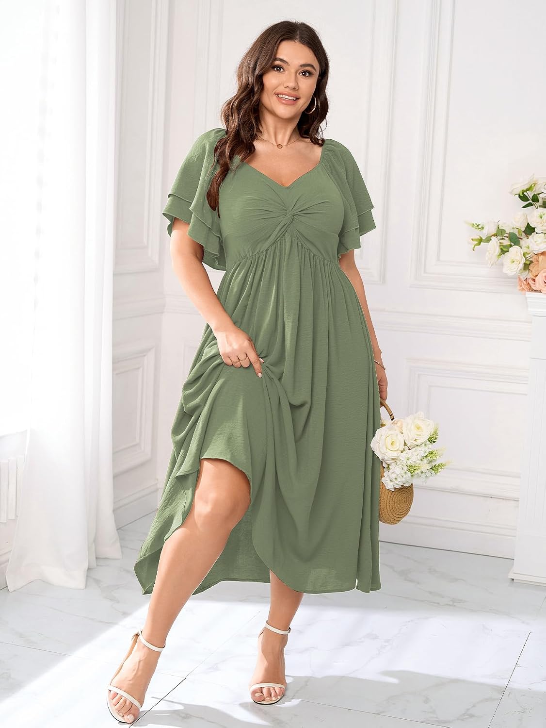 SCOMCHIC Women's Plus Size Wedding Guest Cocktail Dresses Sweetheart Neckline Ruffle Sleeve A Line Maxi Dress