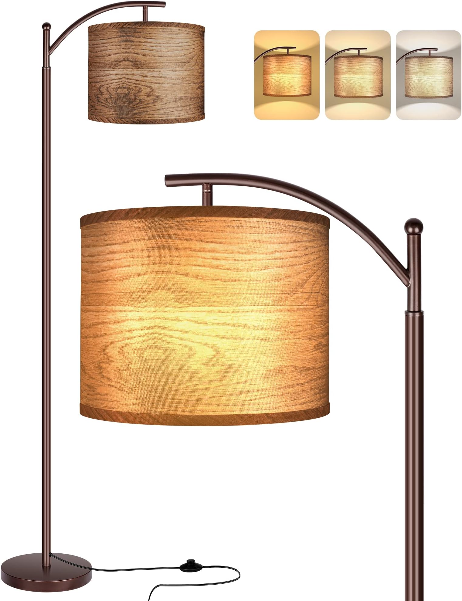 Floor Lamp for Living Room, LED Standing Lamp Tall Industrial Floor Lamp Reading for Bedroom, Office (9W LED Bulb, Wood Grain Lampshade Included) - Oil-Rubbed Bronze