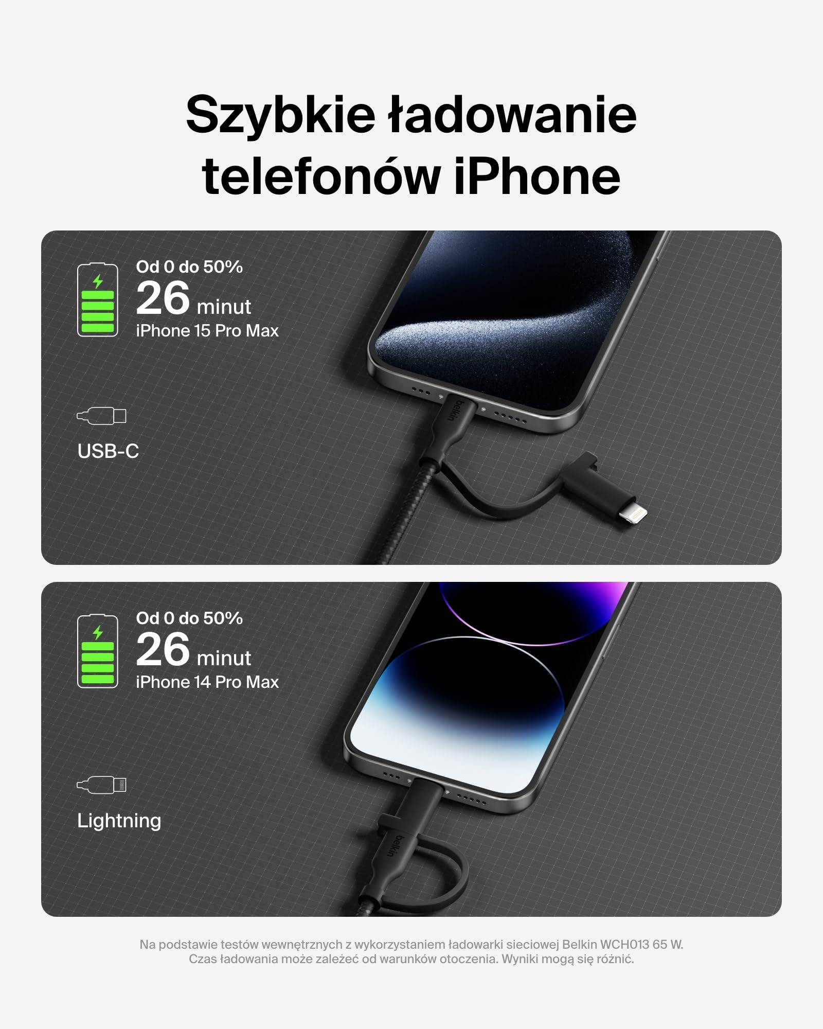 Belkin kabel do ładowania 2 w 1 ze złączami USB-C i Lightning – kabel w oplocie do szybkiego ładowania z USB-C na USB-C i Lightning, do ładowania urządzeń Apple iPhone, iPad, Samsung i innych – czarny