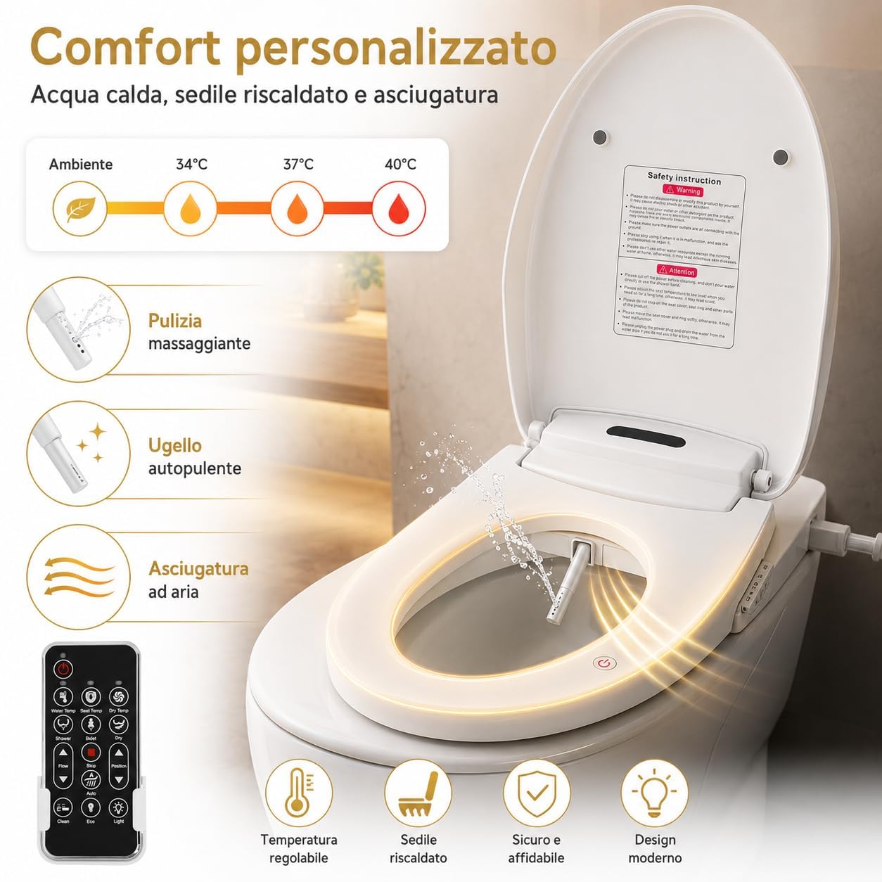 Smart Bidet Toilettensitz, 1300W, AC220V EU-Stecker, 4-Stufen Temperatur, Fernbedienung, Warmwasser, Trocknung, LED Nachtlicht, Weiß