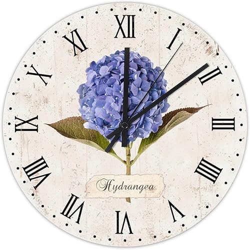 Miniatura 2 de Reloj de pared de hortensias moradas de 15 pulgadas, funciona con pilas, silencioso, sin tictac, retro, con textura de madera, reloj redondo para