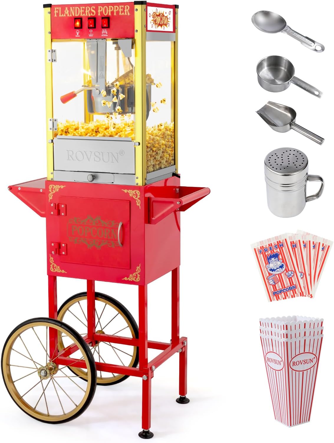 ROVSUN Popcorn Machine with Cart & 8 Oz Kettle Makes Up to 32 Cups ETL Certified, Vintage Popcorn Maker with Stainless Steel Scoop, Oil Spoon & 3 Popcorn Cups for Commercial Home Movie Theater, Red