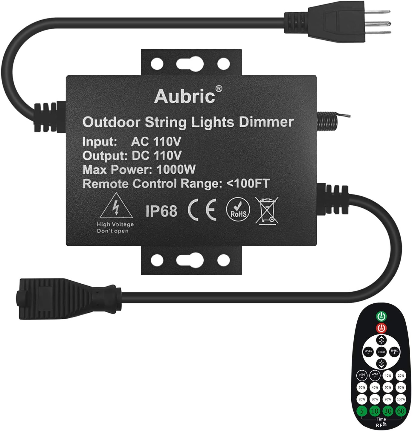 Outdoor Dimmer Switch for String Lights, 1000W Max Power IP68 Waterproof Wireless RF Remote Control Timer Switch, 3 Prong Outlet Plug-in Dimmer for Dimmable LED String Lights Patio Lights
