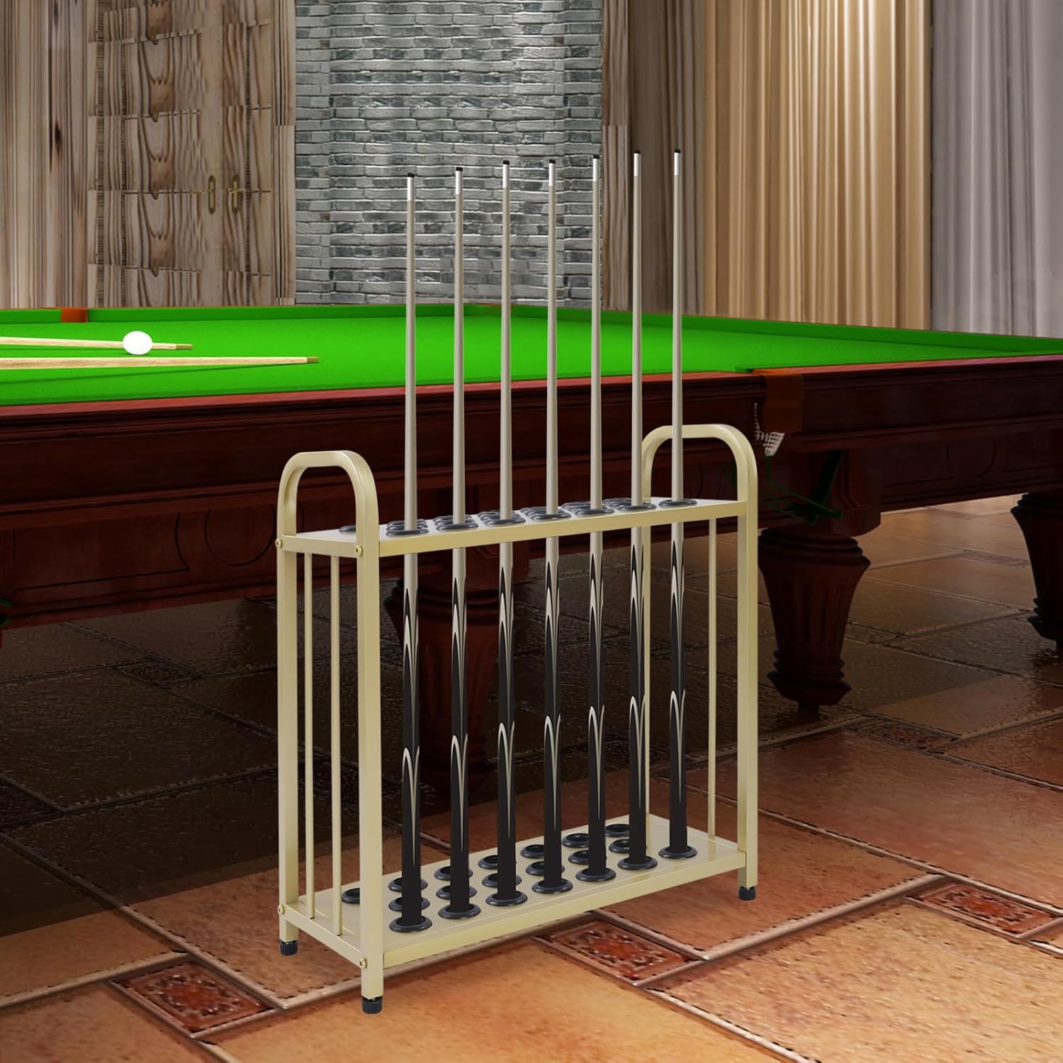 Pool Stick Holder, Pool Table Accessories Stand, Billiards Cue Racks, Floor Stand Pool Cue Rack, Pool Cue Rack Floor Stand, Pool Stick Holder, Pool Cue Holder, for Billiard Game Room (Gold 20-Hole)