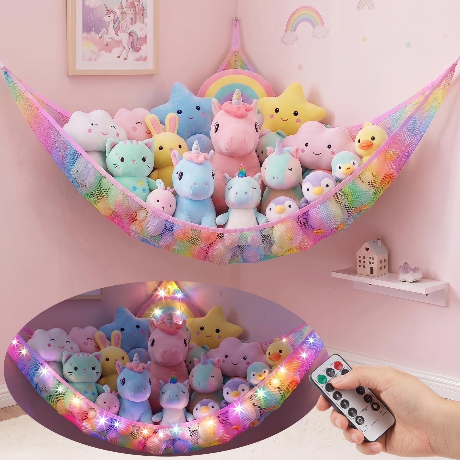 Stuffed Animals Hammock with Remote Control Toy Net Room Decor Storage | LED light, plushies organizer,corner space saver, girls room decor, large capacity for plush toys, easy hanging