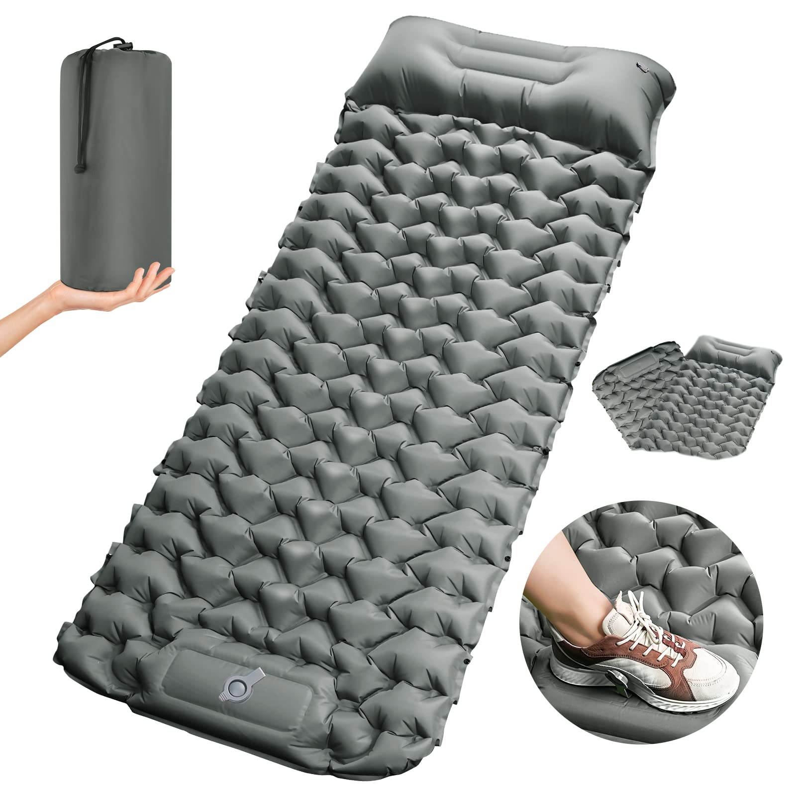 SOPPYUltralight Self Inflating Camping Mat, 10cm Extra Thick Waterproof Sleeping Mat Camping Air Bed for Outdoor Camping Hiking Backpacking With Built In Foot Pump - Grey
