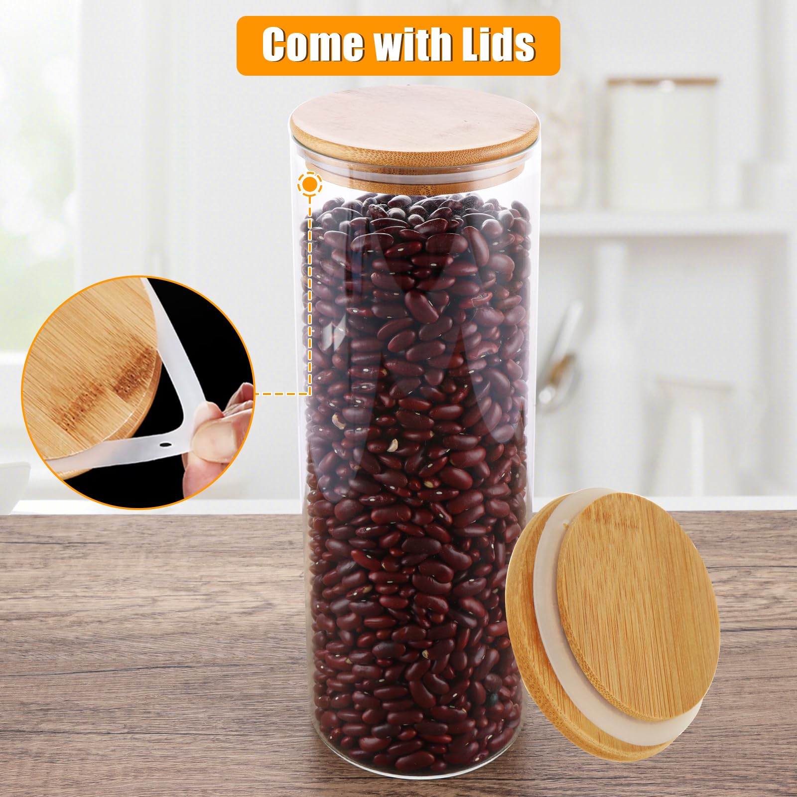 4 tarros de vidrio de 2 L, 10 x 300 mm con tapas de bambú, tarros de almacenamiento de cocina con tapas herméticas, recipientes redondos de almacenamiento de vidrio para frascos de especias,