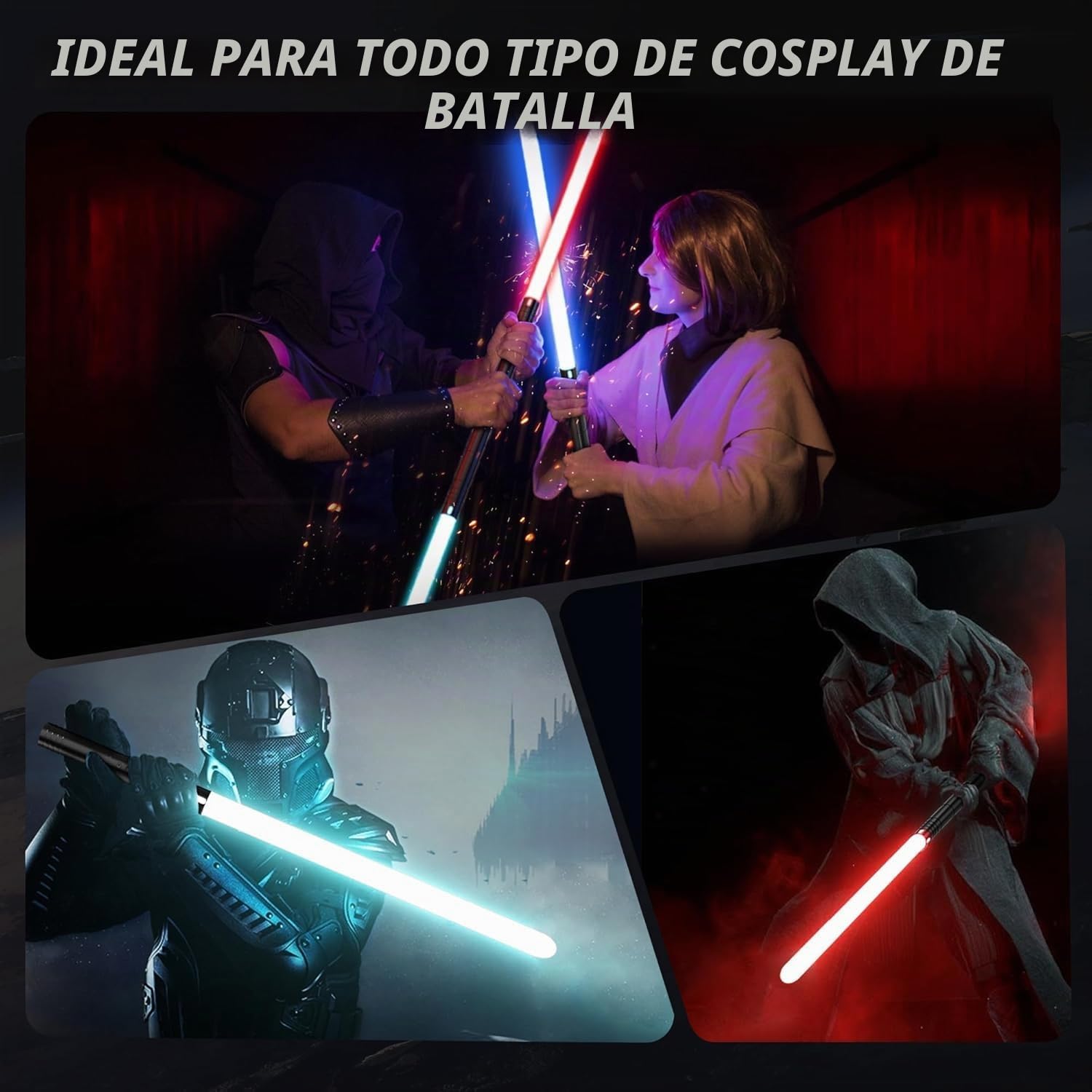 Sable de luz, Sable de luz RGB 15 Colores, USB Recargable con Sonido FX, Espada de luz, Juguete para niños, Halloween, Guerra Galaxia, Cosplay (60cm 2PC)