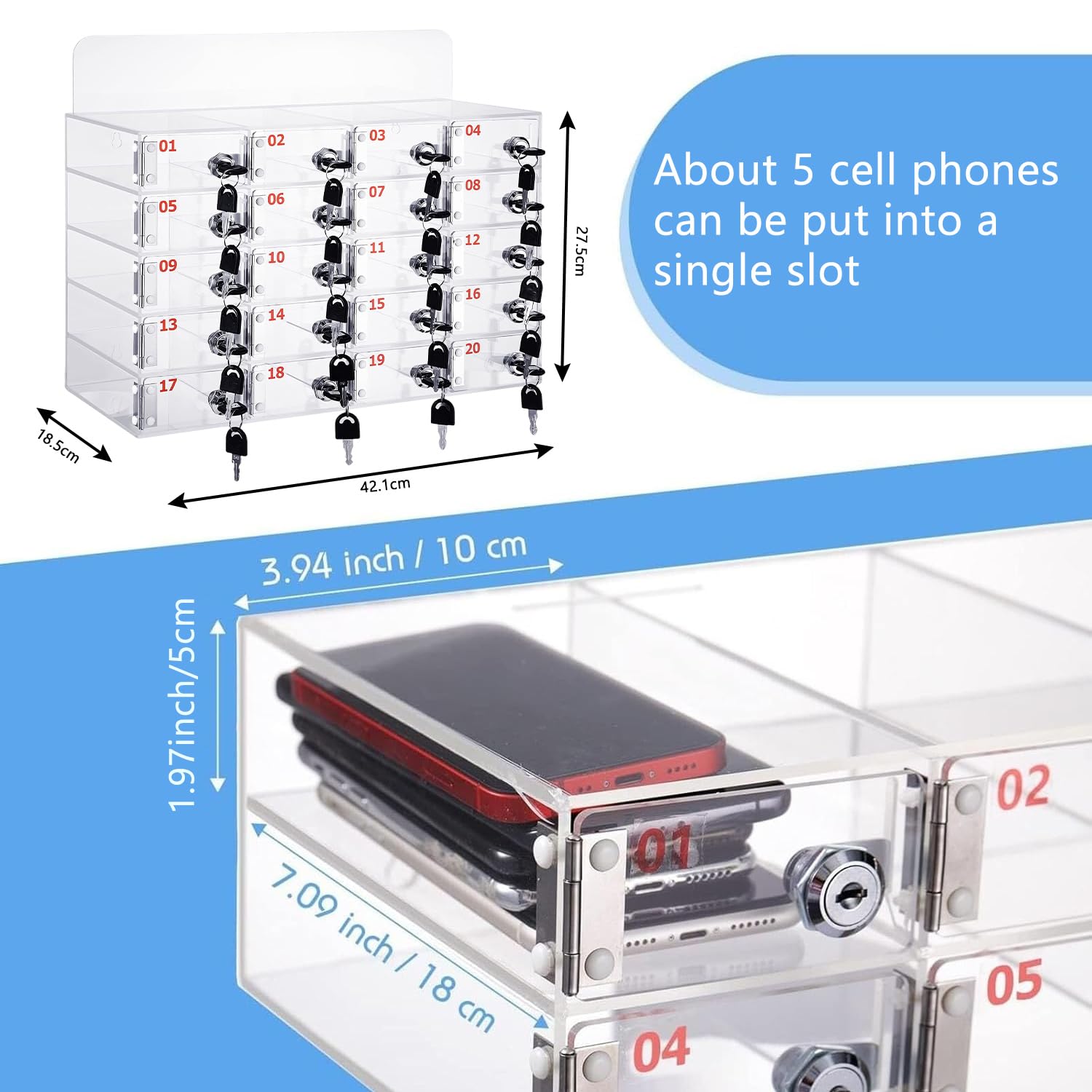 Caja de almacenamiento personal para teléfono móvil con 20 material acrílico diseño con cerradura almacenamiento para teléfono móvil con ranura para tarjetas para uso en el aula