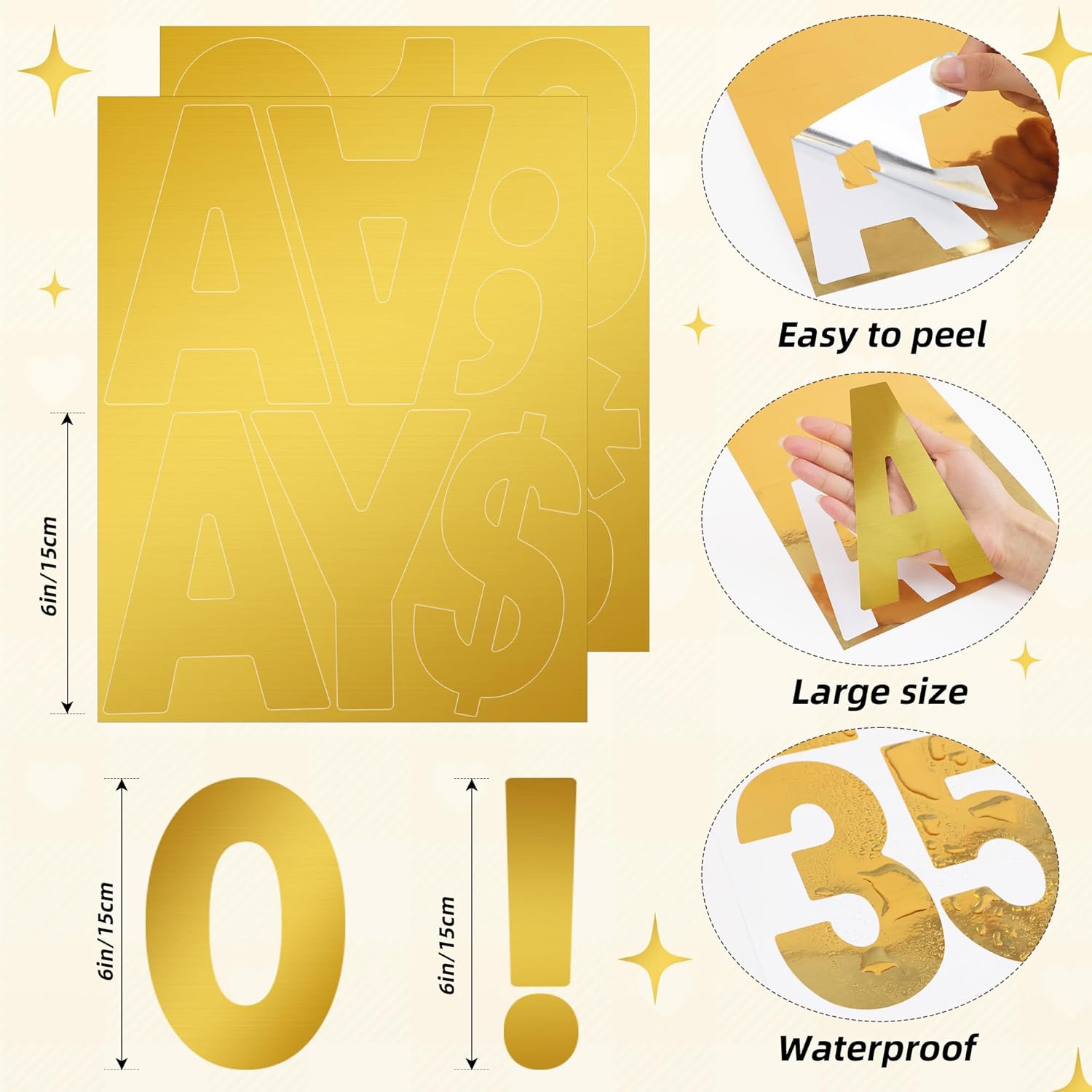 188 Pcs 6 Inch Gold Letter Stickers Large Bulletin Board Letters, Big Font Alphabet Number Stickers Vinyl Self Adhesive Sticker Letters for Poster Board Mailbox Crafts Home Party Backdrop DIY Decor