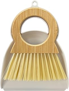 Mini Broom and Dustpan Set - Compact Bamboo Handle Cleaning Kit with Mini Dustpan Brush for Countertops, Tables, Desks - Small Dust Pan and Broom Combo for Tiny Spaces (White)