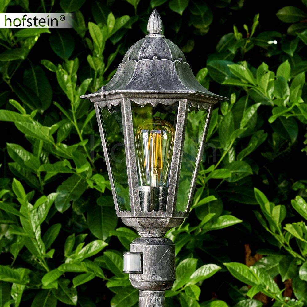 Lampadaire extérieur Lignac avec détecteur de mouvements en aluminium moulé noir/argenté et verres transparents de 118 cm de haut, pour 1 ampoule E27, IP44, ampoule(s) non incluse(s)