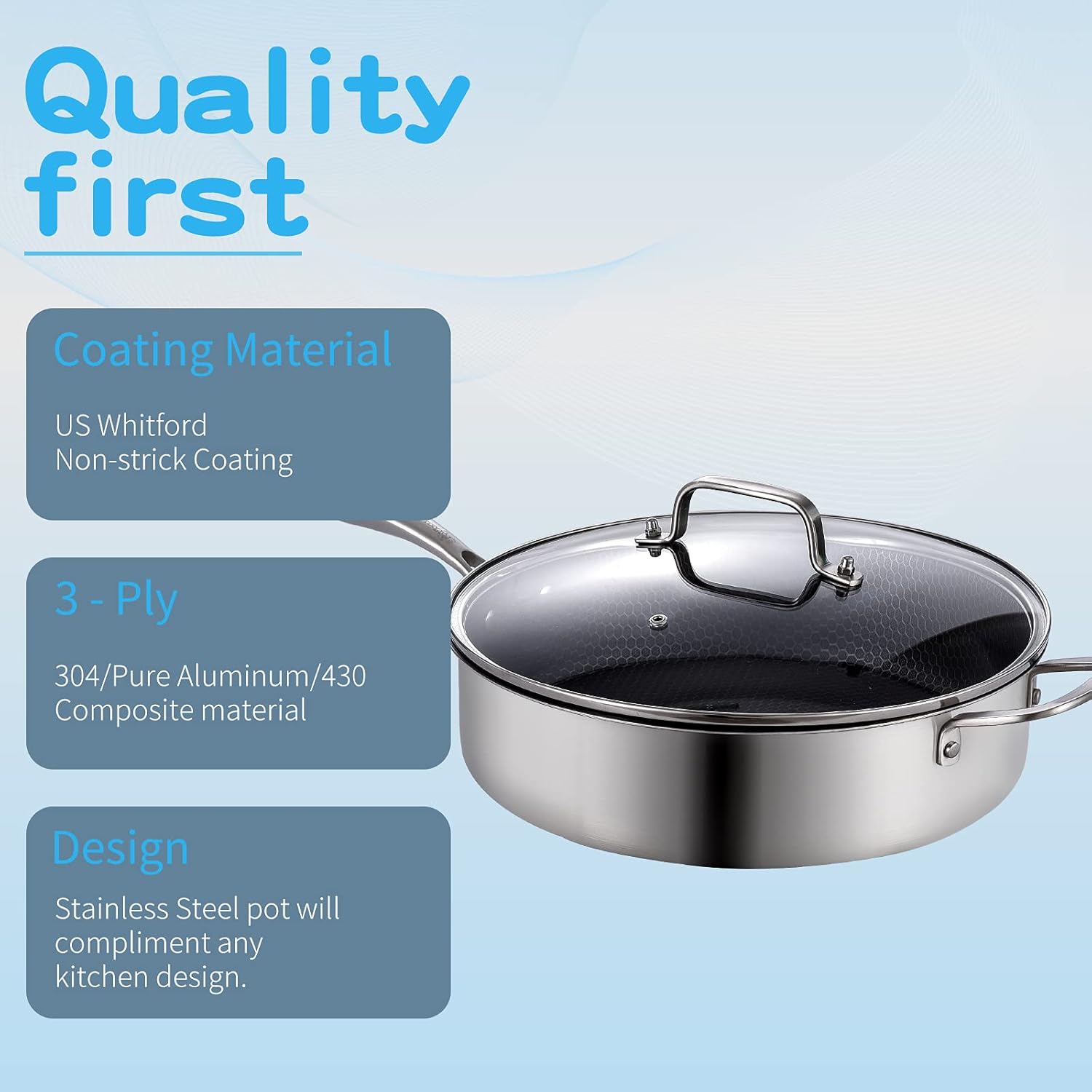 LOLYKITCH Tri-Ply Stainless Steel Deep Saute Pan With Lid In Honeycomb Nonstick Coating Jumbo Cooker Everyday Pan Compatible with All Kinds Of Stoves (6 QT): Home & Kitchen