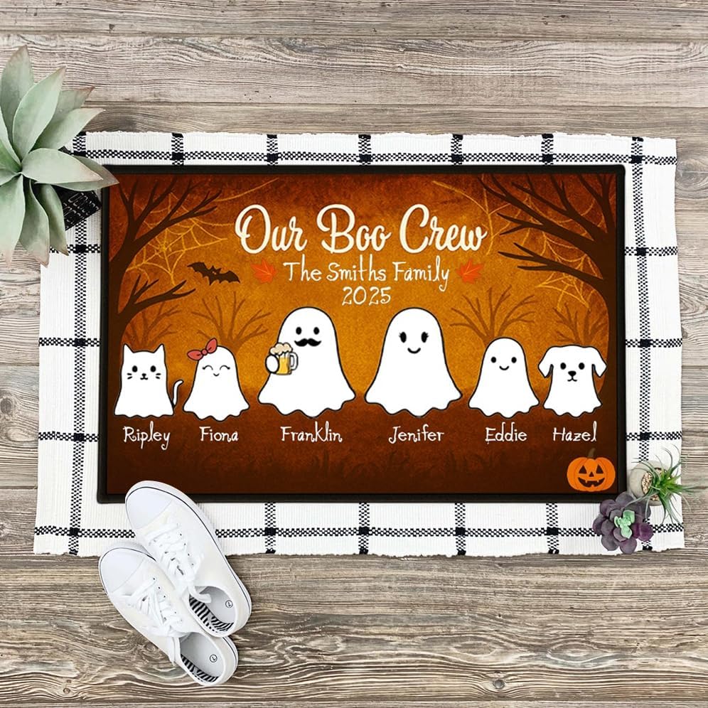Personalized Halloween Door Mat for Family, Custom Halloween Decor Gifts, Custom Spooky Ghost Door Mat, Personalized Halloween Decor Indoor