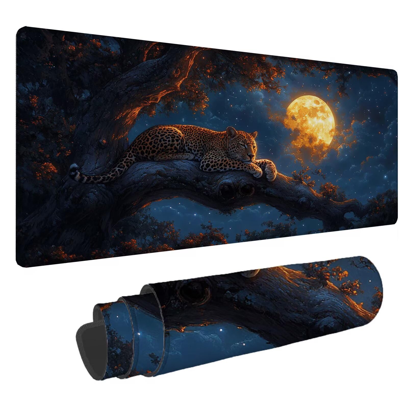 Leopard Podkładka pod mysz XXL Księżyc 1600 x 800 x 4 mm Podkładka pod mysz do gier, duża wodoodporna antypoślizgowa podkładka na biurko, podkładka pod mysz szyte krawędzie dla graczy, komputer,