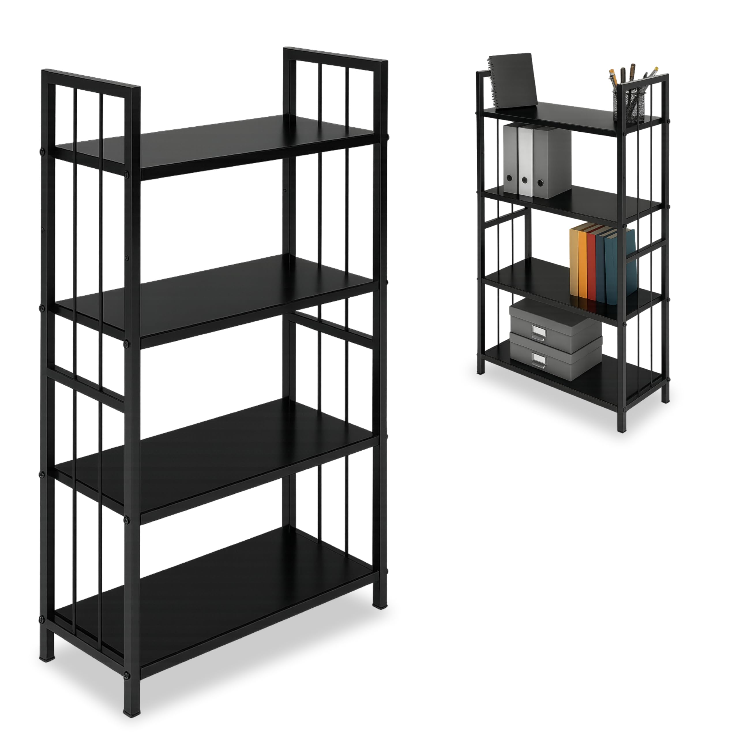4-Tier Metal Book Shelf Storage Rack with Adjustable Shelves – Heavy-Duty Steel Frame - Modern Open Shelfs & Display Rack - Big Book Shelf for Home Library, Office & Kitchen - Black-image-45