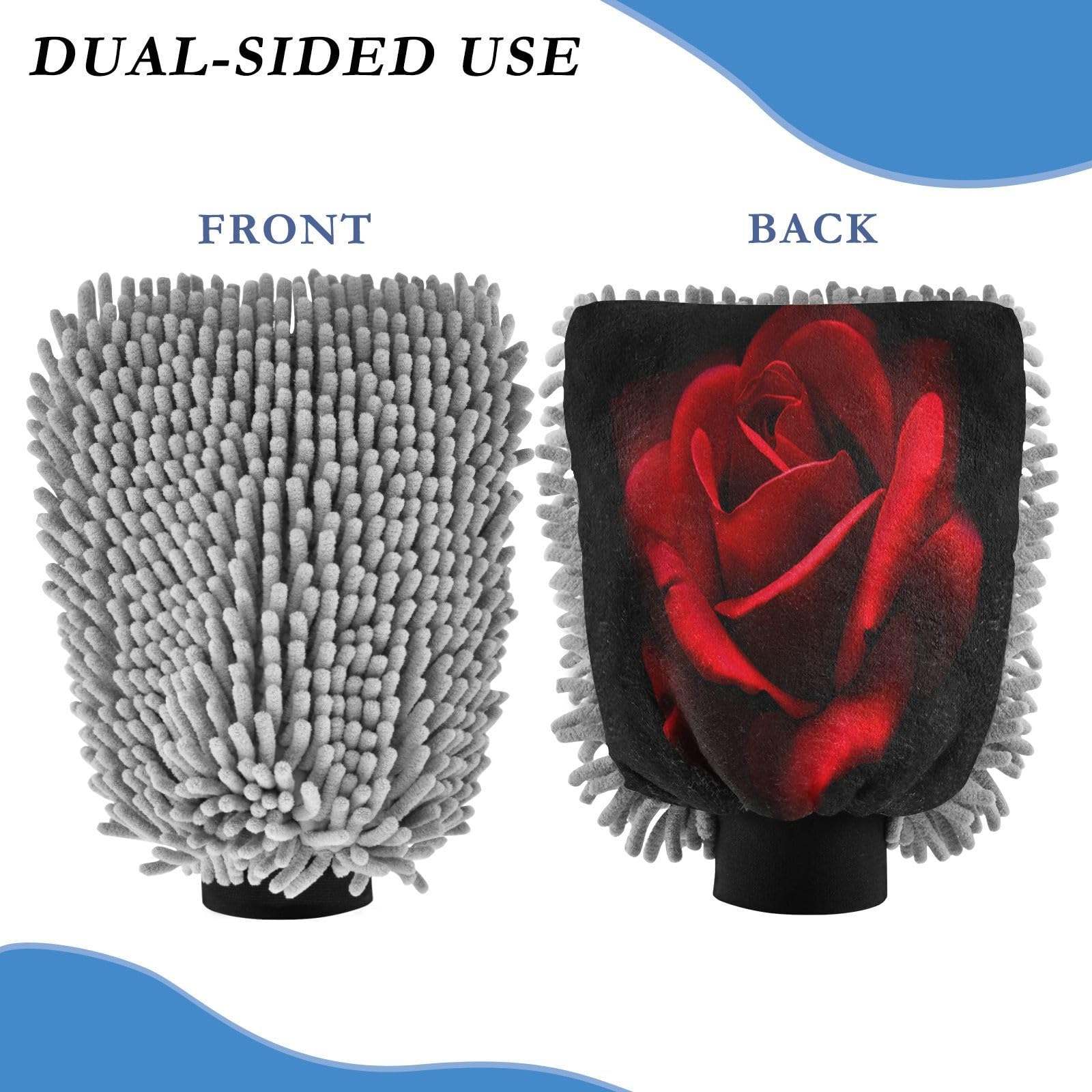 ALAZA Blooming Rose Flower Close Up Car Wash Mitt Scratch Free, 2 Pack Absorbent Microfiber/Chenille Washing & Drying Mitts, M