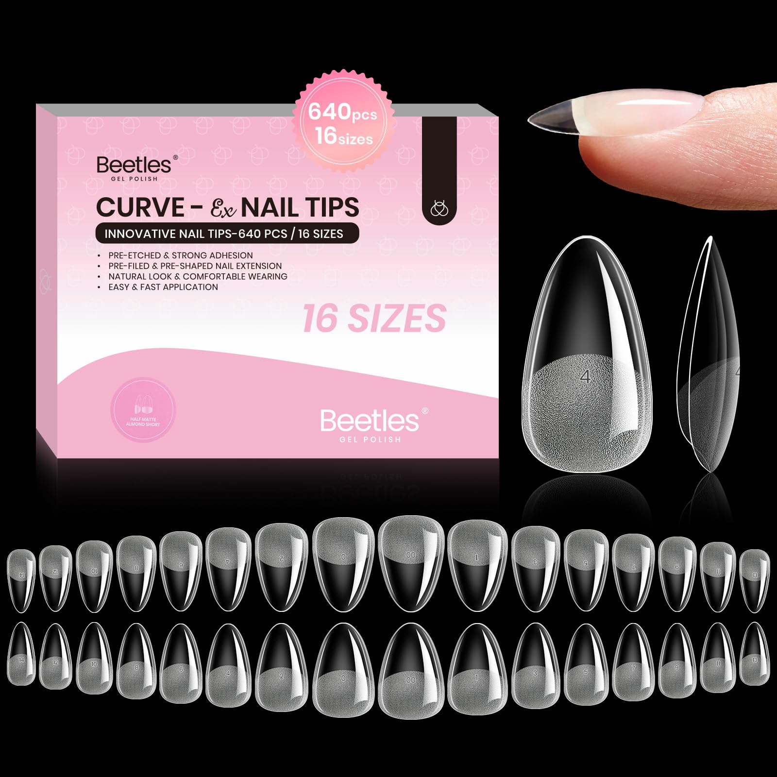 Beetles Gel Almond Nail Tips Short, Curve-EX 640pcs 16 Sizes, Etch-X Half Matte Full Cover Soft Acrylic False Press on Nail Tips Easy DIY Nail Extension Art Salon for Curved & Natural Nail Beds
