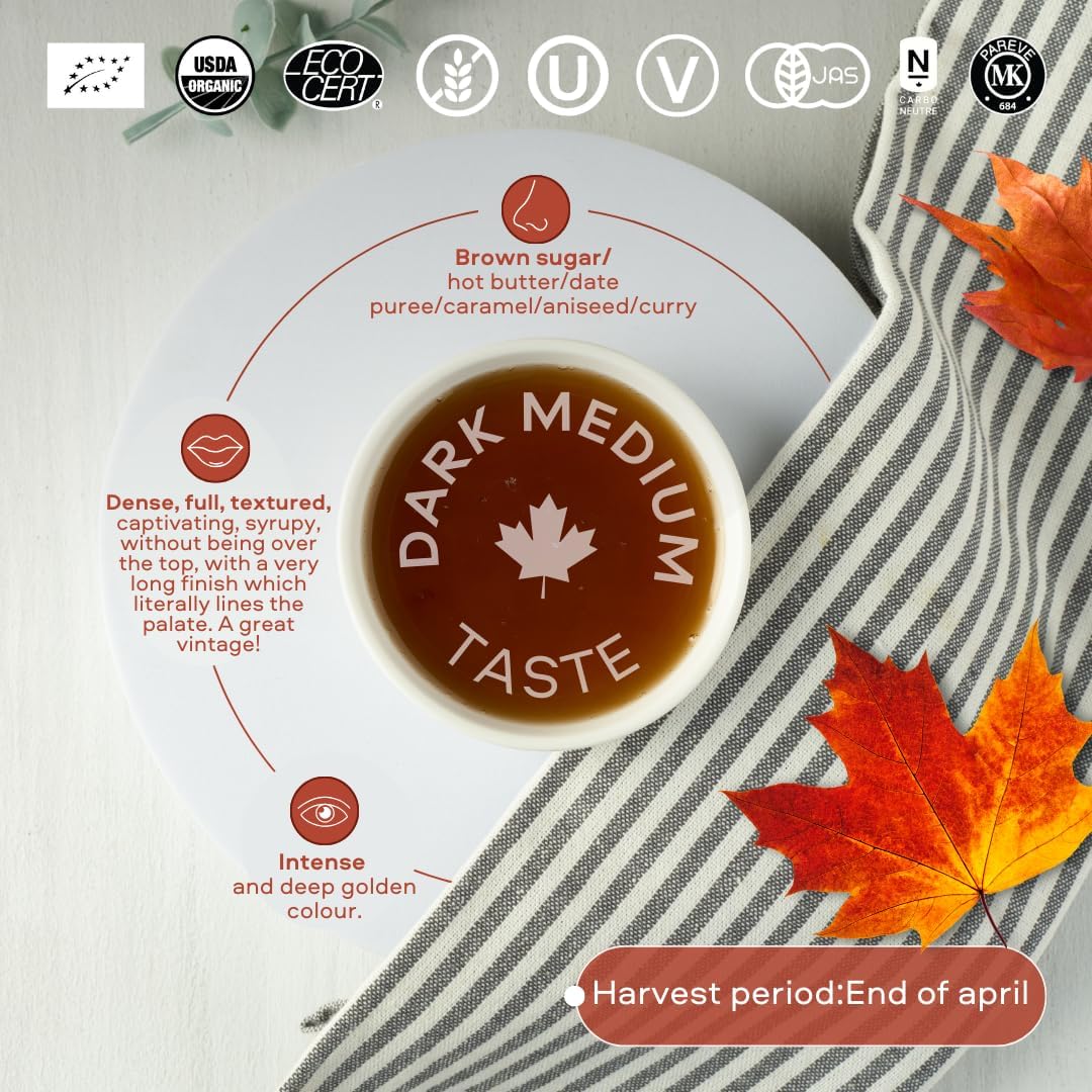 Sirop d'érable du Canada Certifié Biologique, Escuminac Grande Récolte, Cruchon 1 litre, Foncé Goût Riche 100% Pur – Traçable, et embouteillé à la ferme – Parfait pour Crêpes & Recettes