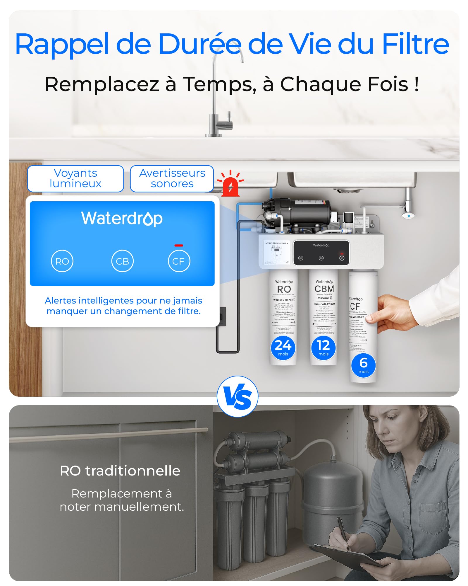 Waterdrop T3-M Système d'Osmose Inverse Reminéralisant sans Réservoir, Certifié NSF/ANSI 372, Filtre à Eau RO à 9 Étapes, 450 GPD, Ratio Eau Pure/Eau de Rejet de 2:1, Raccordement Électrique Requis