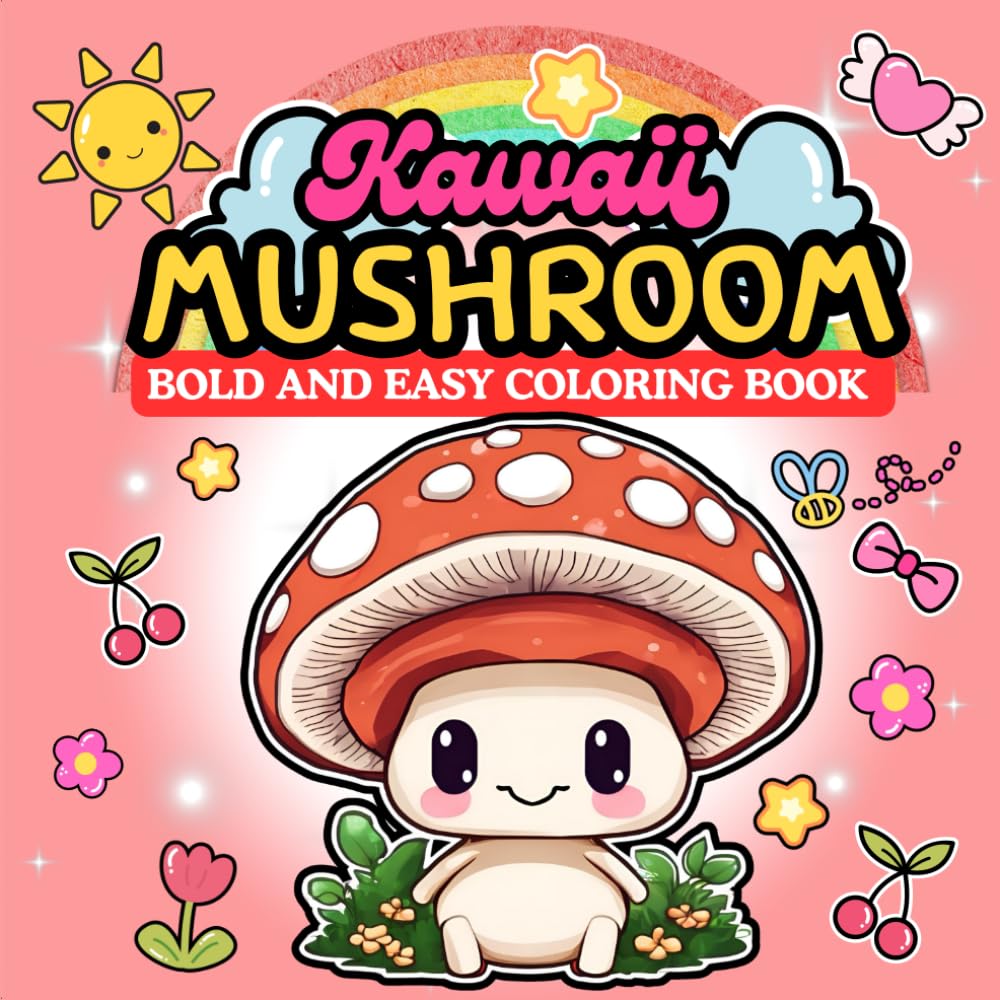 BOLD & EASY CUTE MUSHROOMS COLORING BOOK: : 50 Kawaii, Big, Simple and Large Pages for Adults, Seniors, Kids and Beginners. (Coloring Book Bold and Easy)